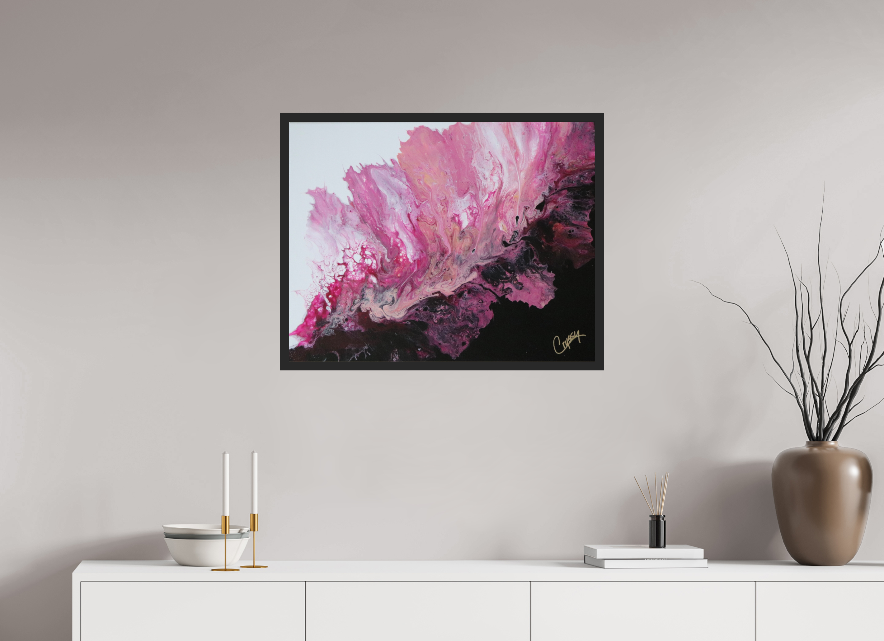 30.4 x 24″, *Photo Print Under Acrylic Glass Black Matte Frame Pink Magma - Original Dutch Pour