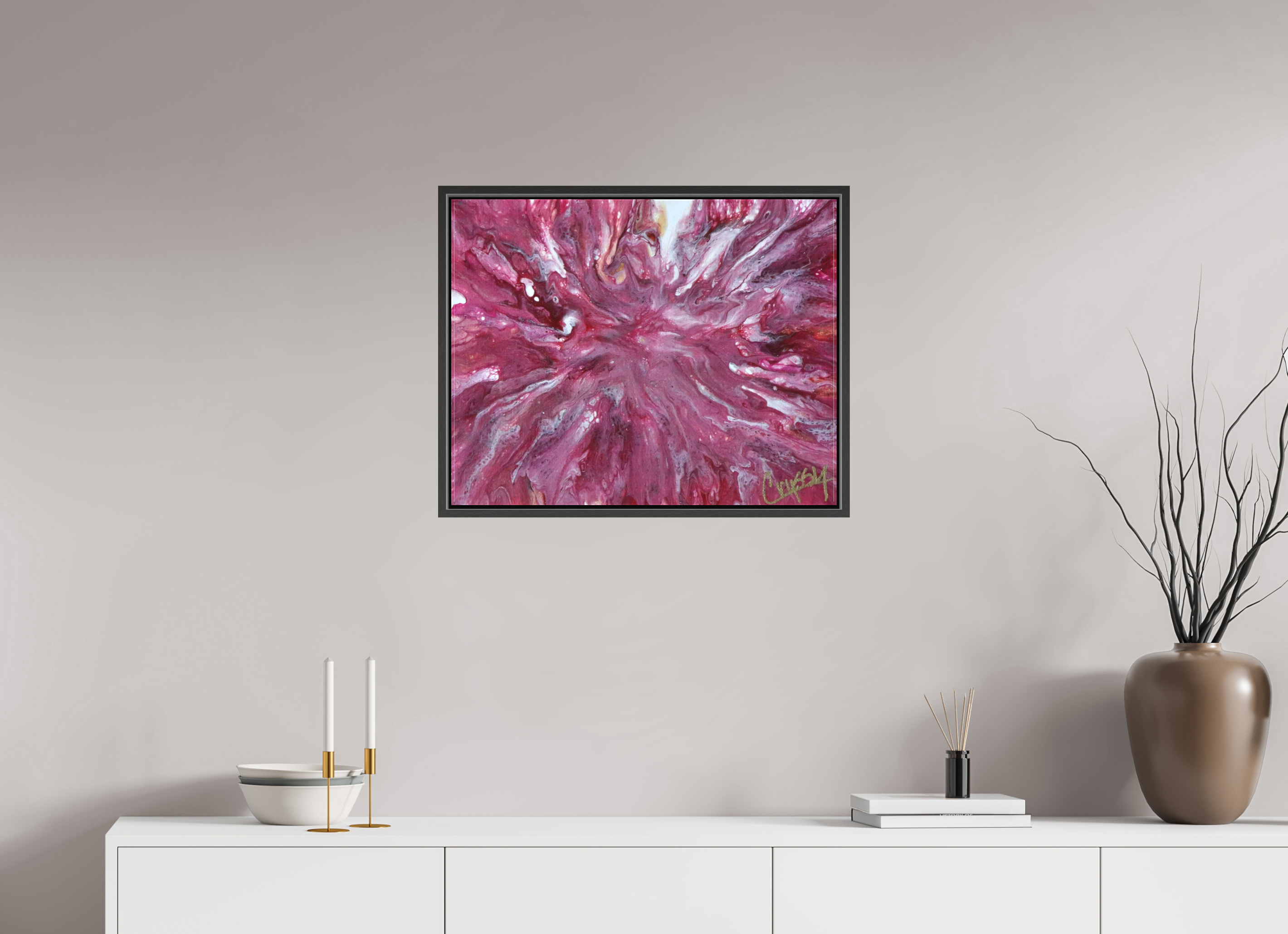 25.3 x 20″, *.7" Matte Canvas with Black Oak Frame Pink Explosion - Original Dutch Pour Acrylic Painting