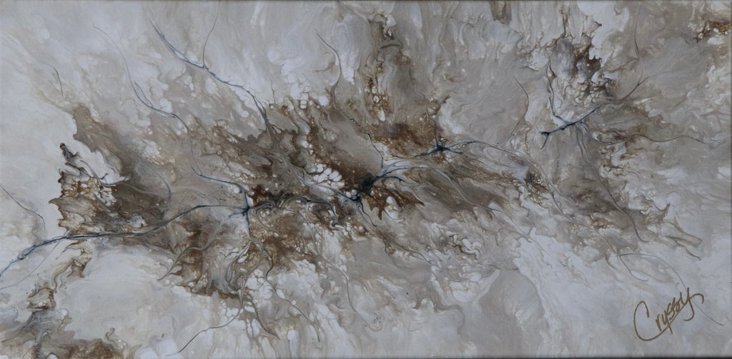 Beige marble acrylic pour painting by The Living Abstract showcasing flowing beige and white abstract art on canvas.