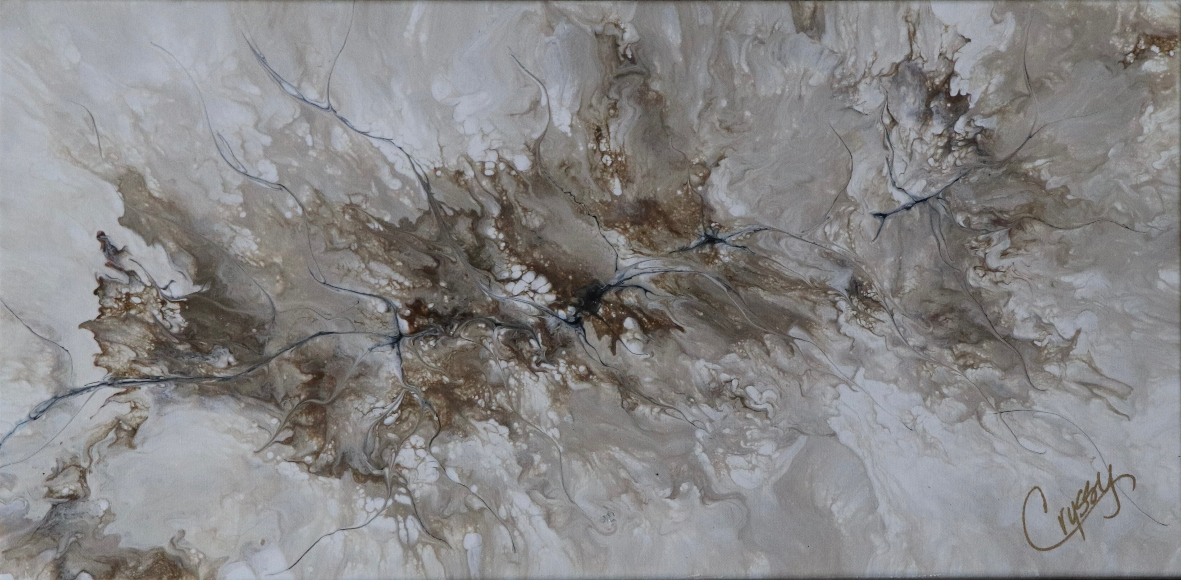 Beige marble acrylic pour painting by The Living Abstract showcasing flowing beige and white abstract art on canvas.