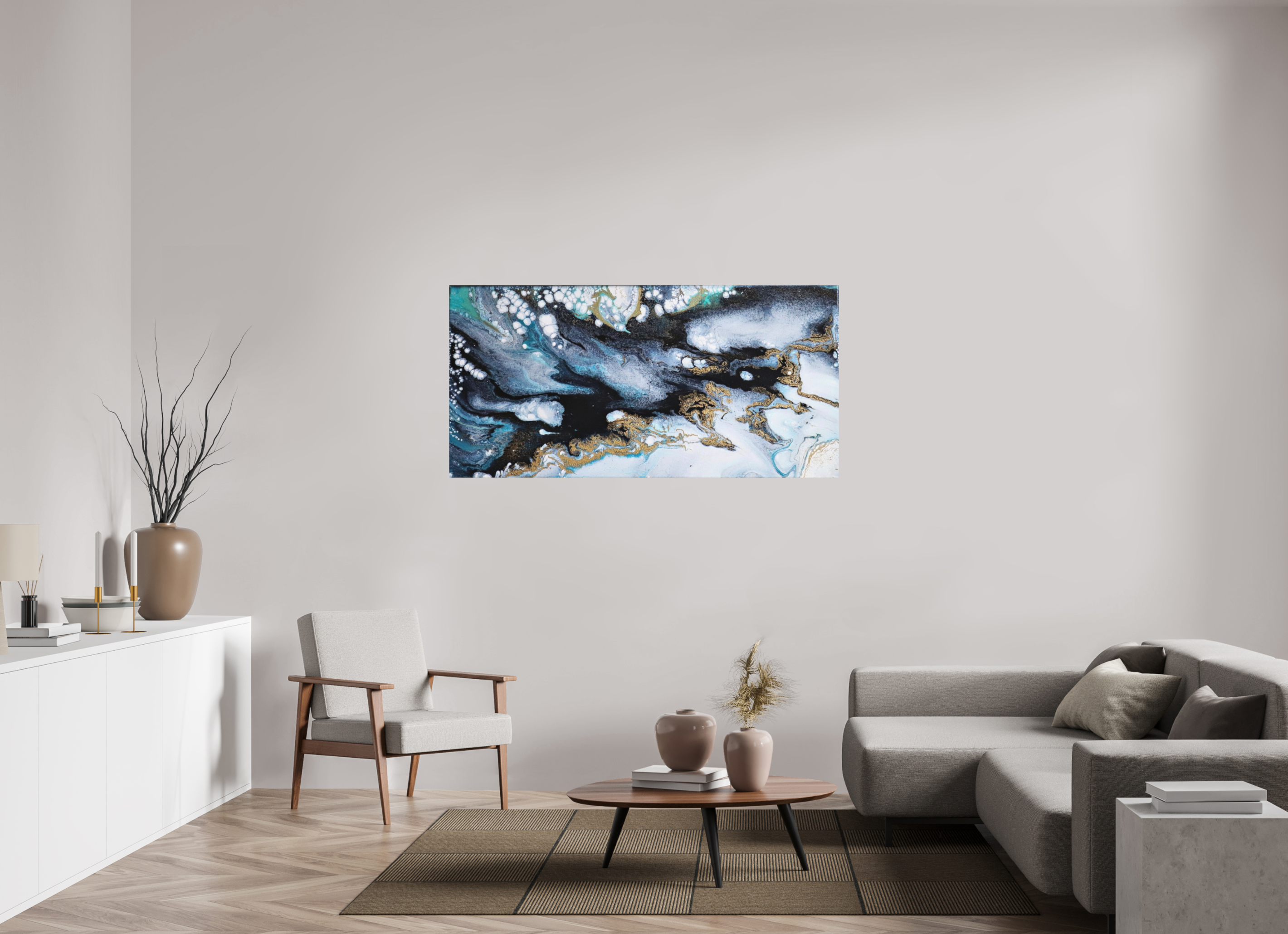 62.8 x 31″, *Photo Print on Fuji Silk with Black Frame Ocean Blues - Original Acrylic Tip Pour