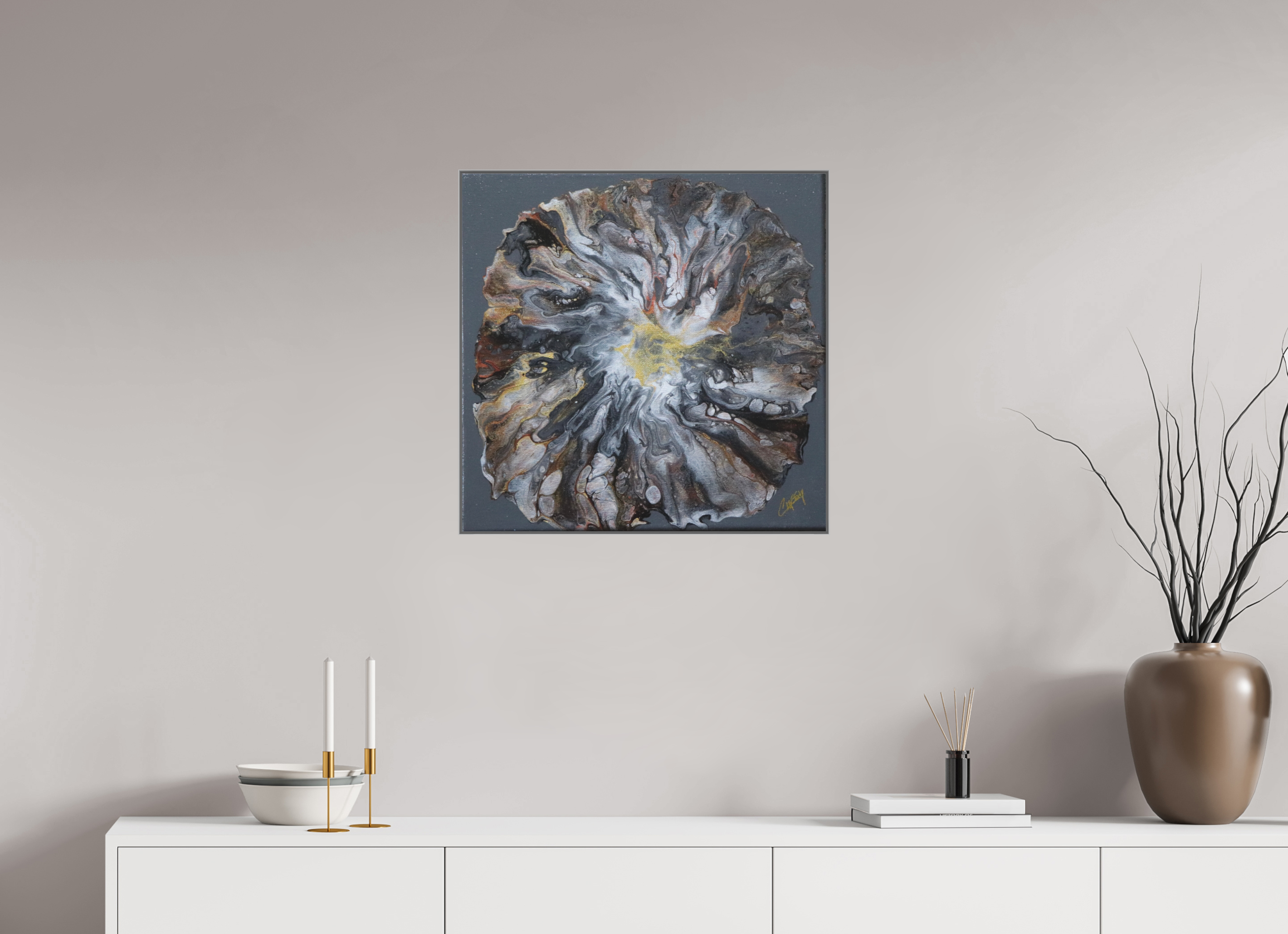 24.4 x 24″, *Aluminum Artbox 1" on fine art paper under acrylic matte glass Copper Bloom II