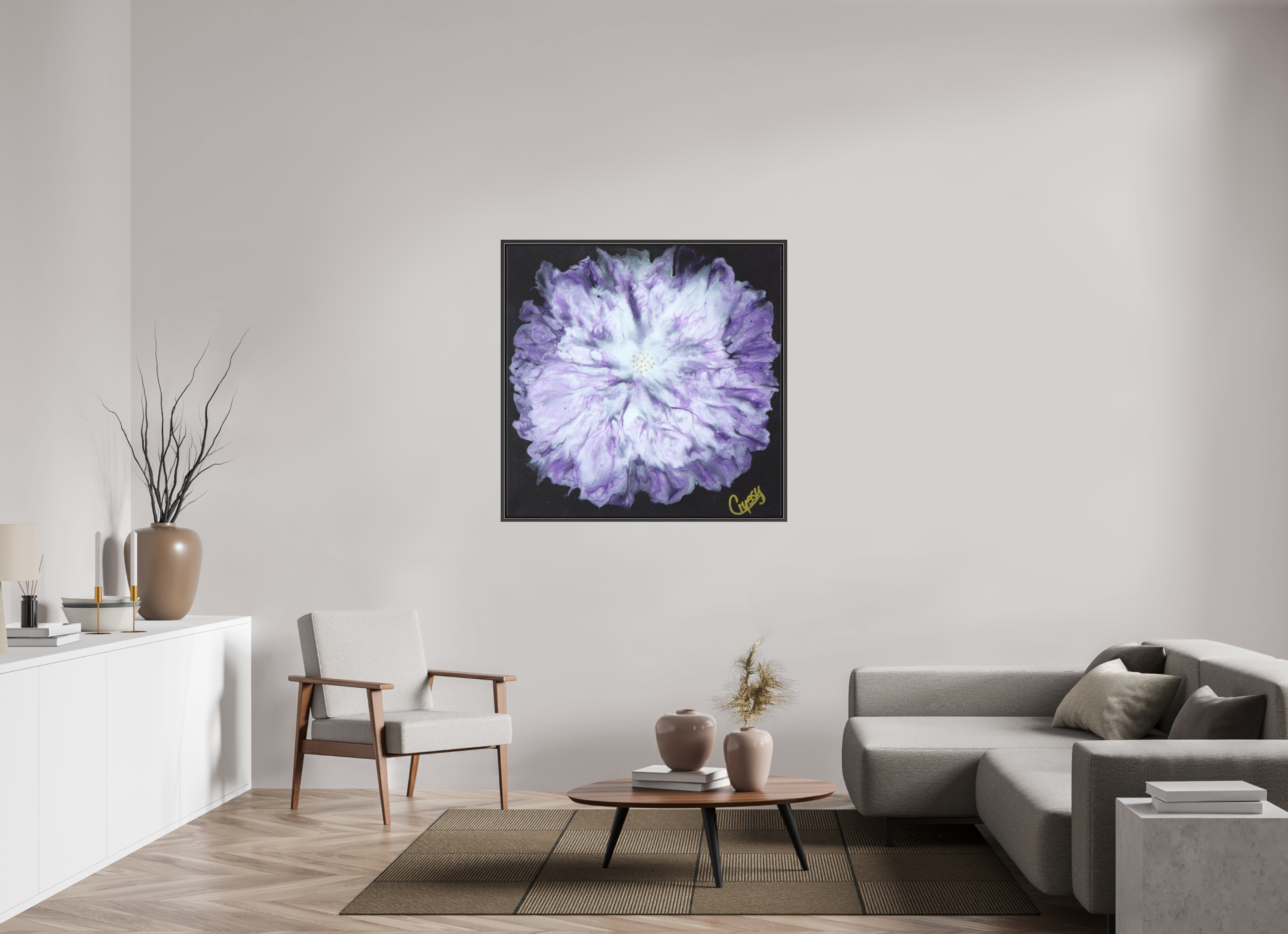 43.7 x 43″, *.7" Matte Canvas with Black Oak Frame Purple Paisley - Original Acrylic Dutch Pour Painting
