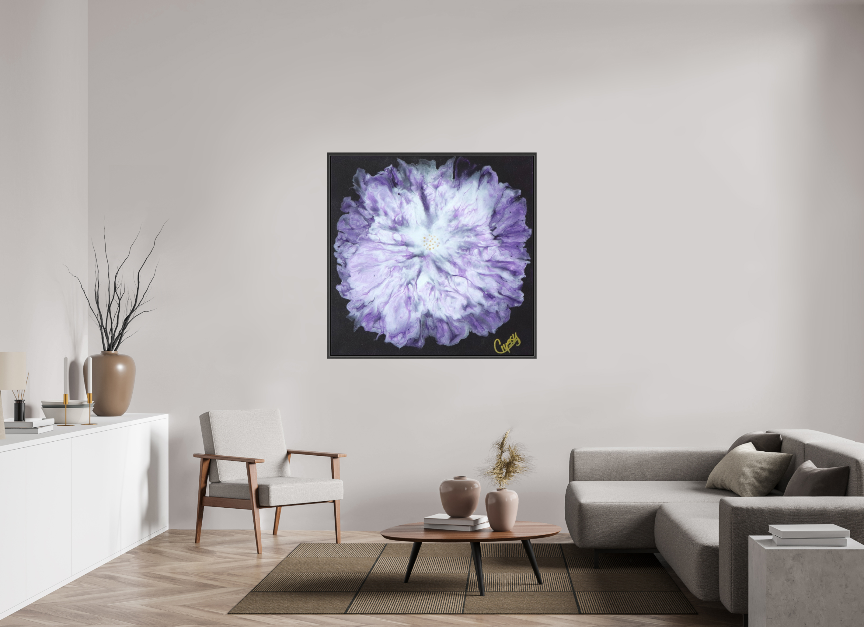 47.8 x 47″, *.7" Matte Canvas with Black Oak Frame Purple Paisley - Original Acrylic Dutch Pour Painting