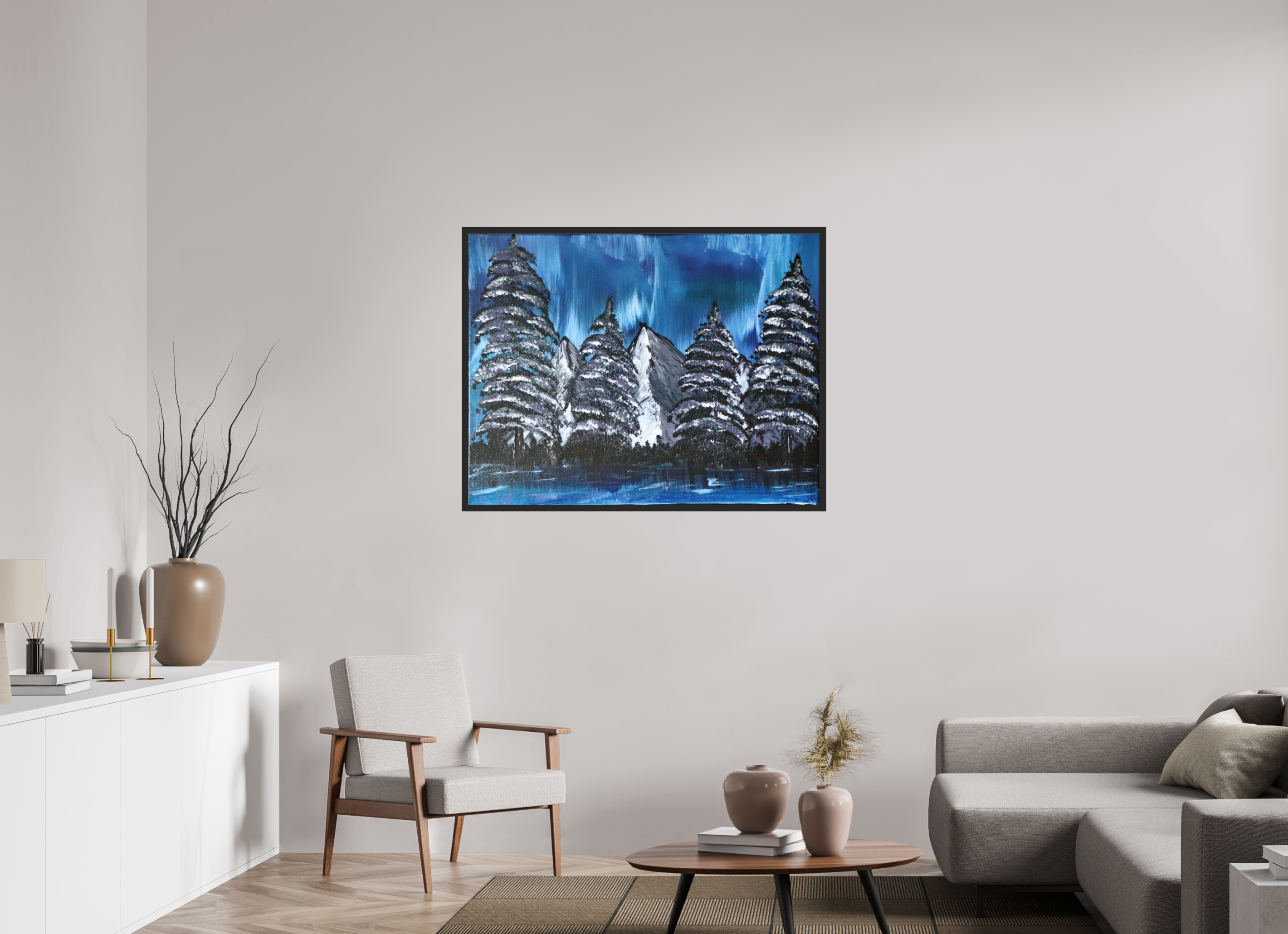 45.1 x 35″, *Photo Print Under Acrylic Glass Black Matte Frame Blue Borealis - Original Acrylic Landscape Painting