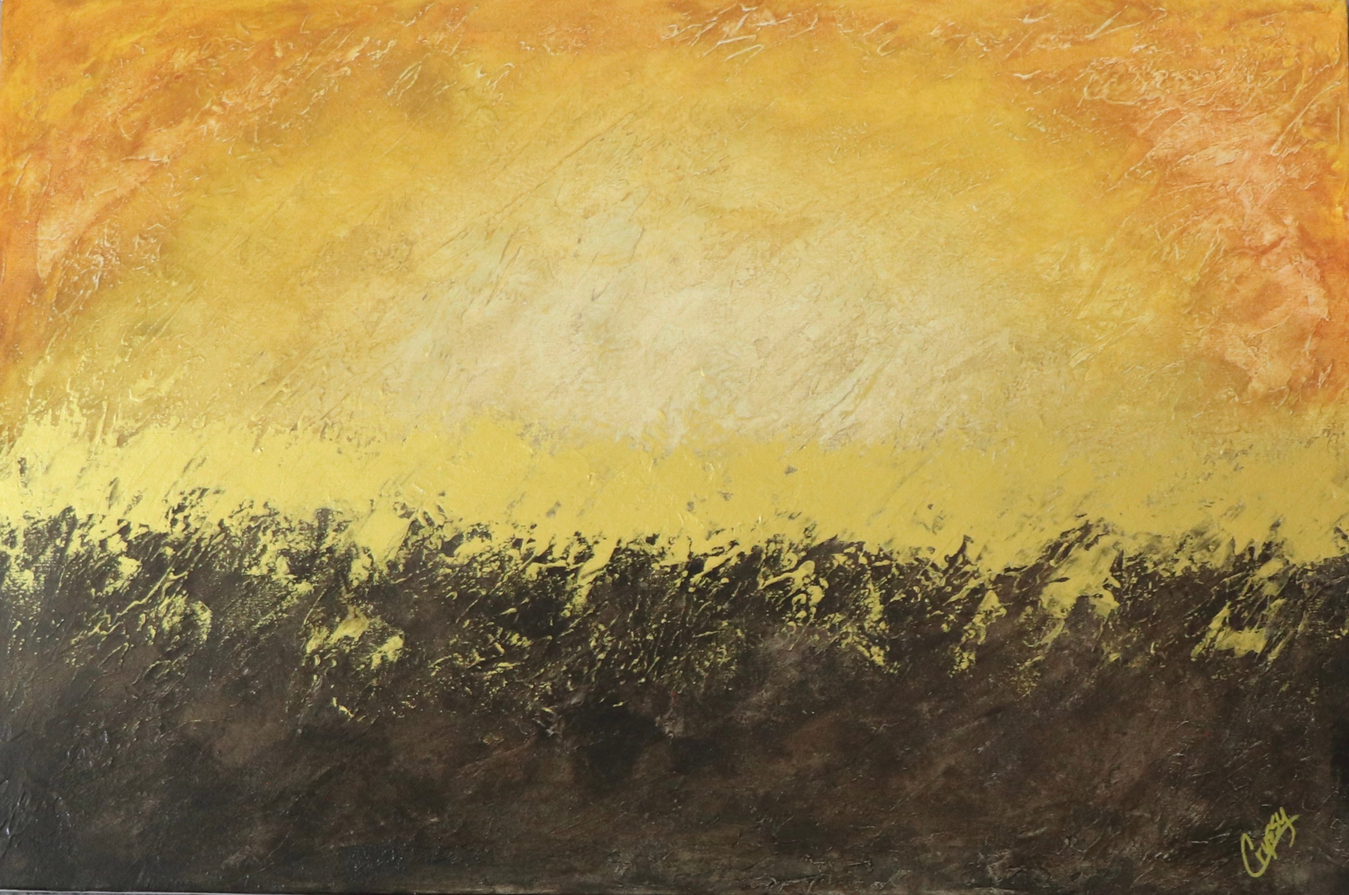 Original acrylic palette knife painting titled Golden Sunset by The Living Abstract, showcasing vibrant sunset colors and textured brushstrokes.