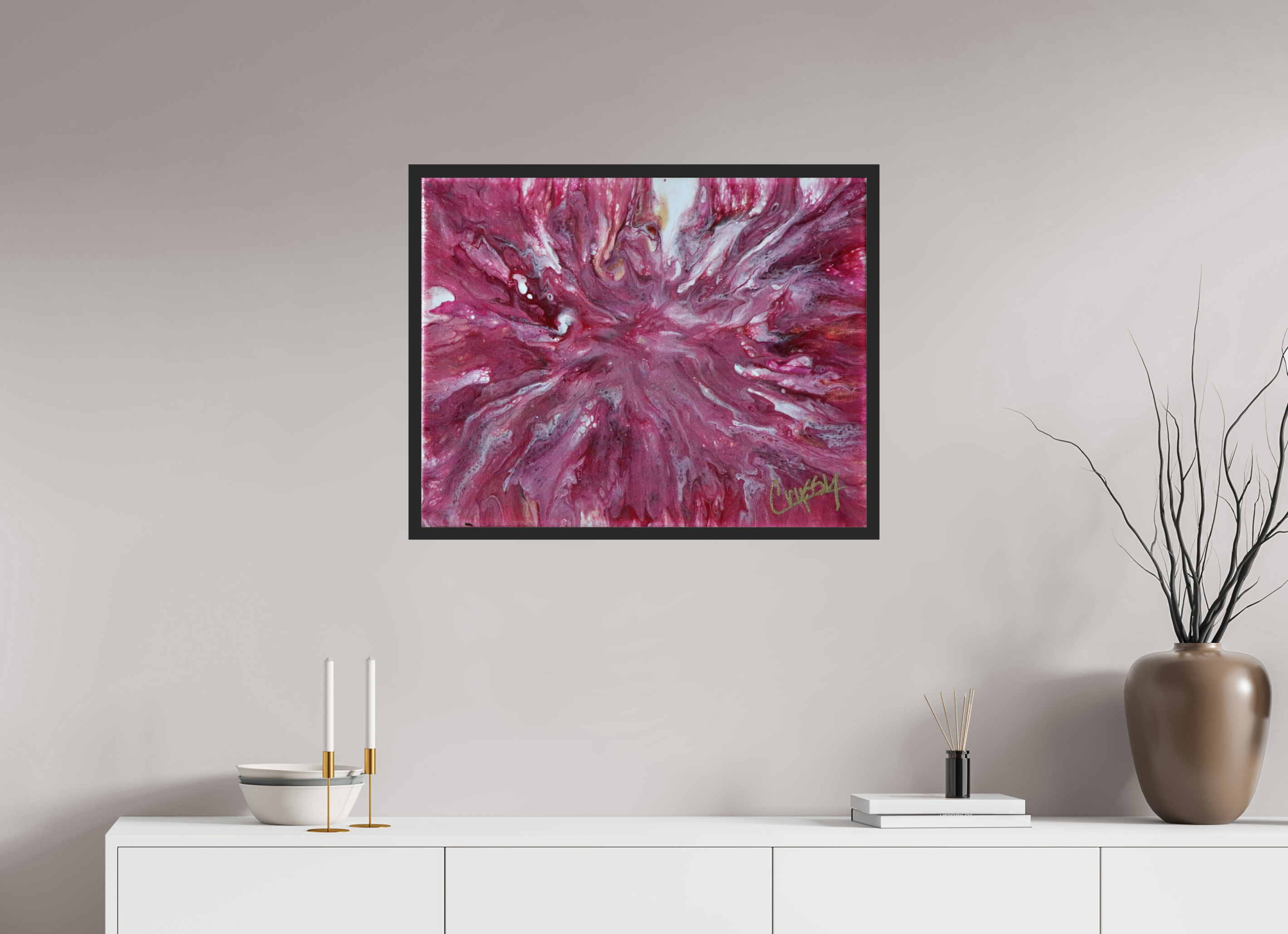 30.4 x 24″, *Photo Print Under Acrylic Glass Black Matte Frame Pink Explosion - Original Dutch Pour Acrylic Painting