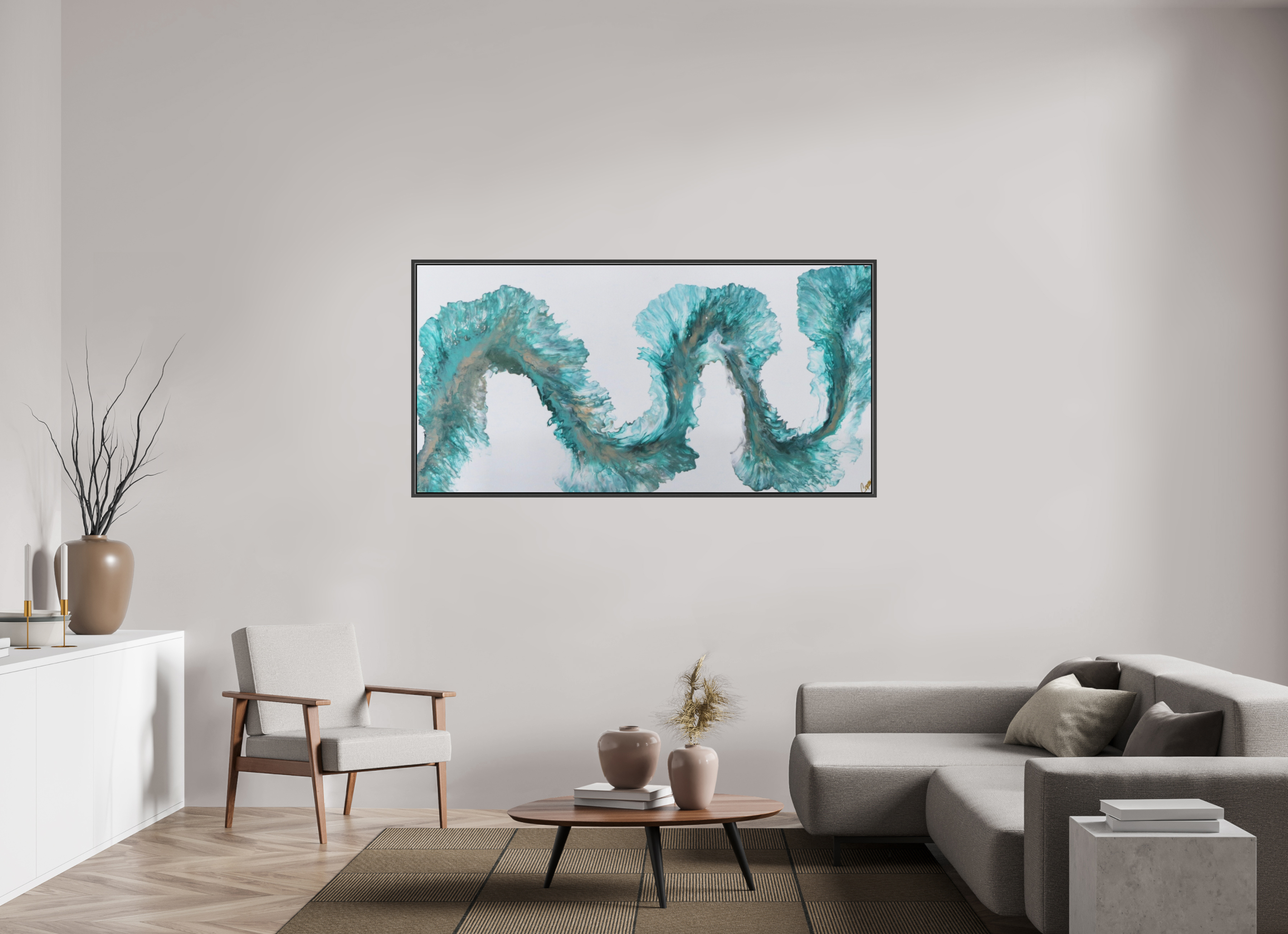 70.4 x 35″, *.7" Matte Canvas with Black Oak Frame Tidal Reviere