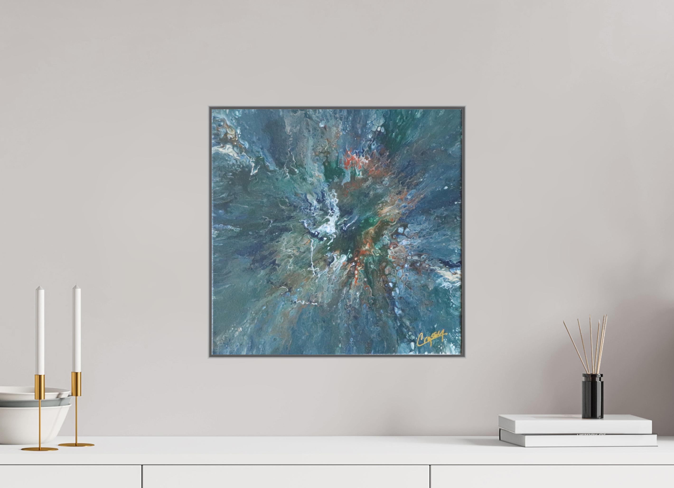 16.3 x 16″, *Aluminum Artbox 1" on fine art paper under acrylic matte glass Teal Flux - Original Tilt Pour Painting