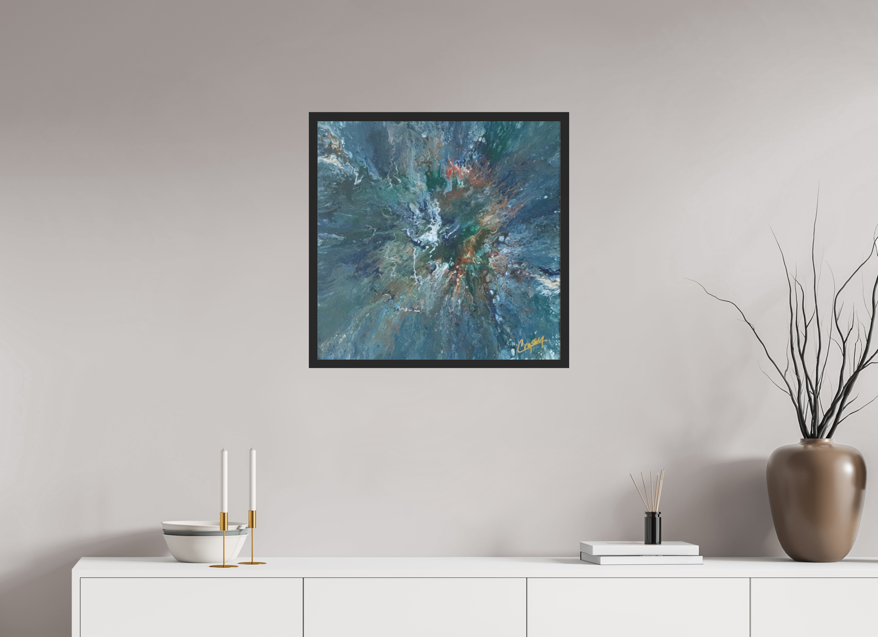 24.4 x 24″, *Photo Print Under Acrylic Glass Black Matte Frame Teal Flux - Original Tilt Pour Painting