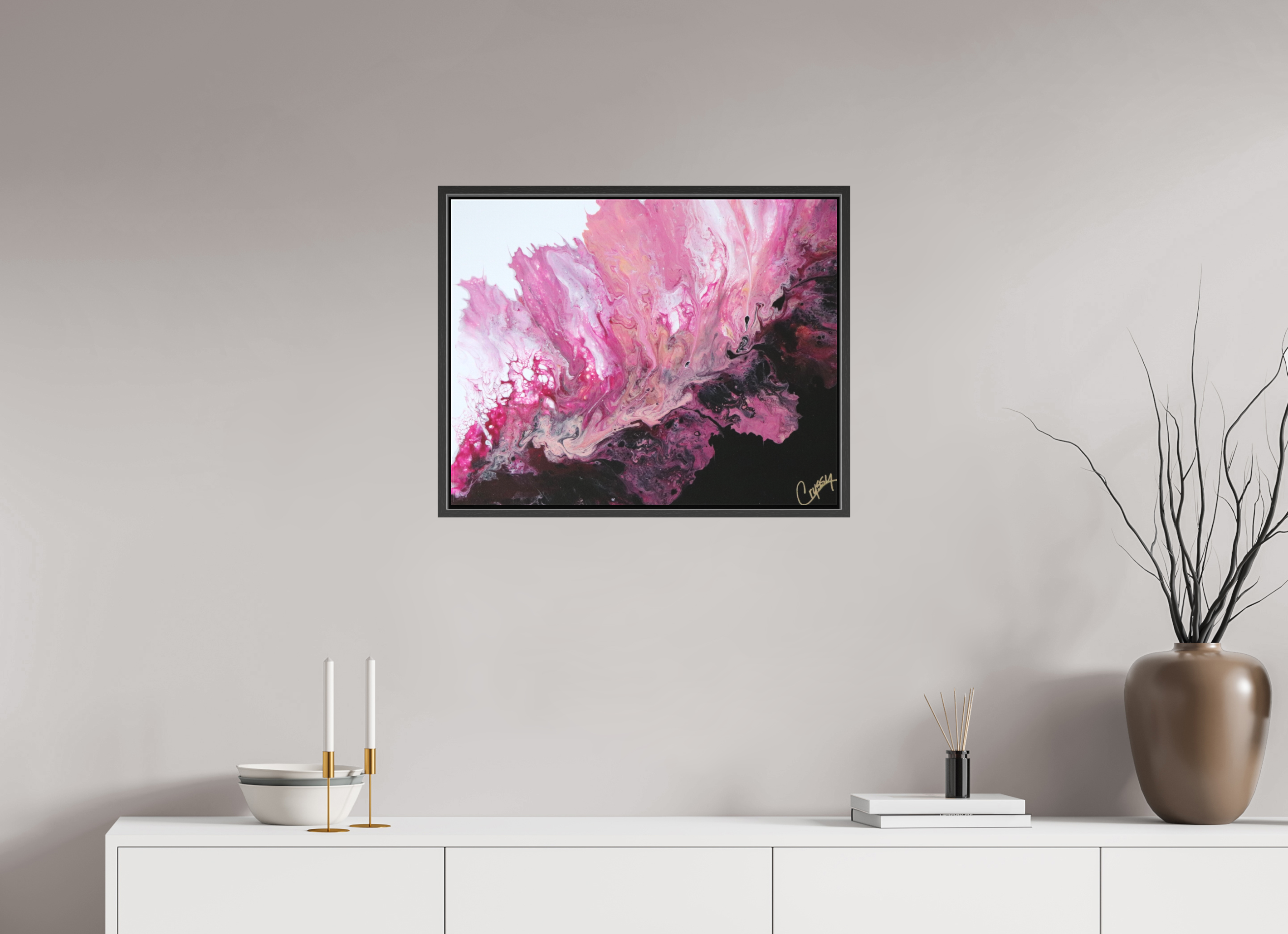25.4 x 20″, *.7" Matte Canvas with Black Oak Frame Pink Magma - Original Dutch Pour