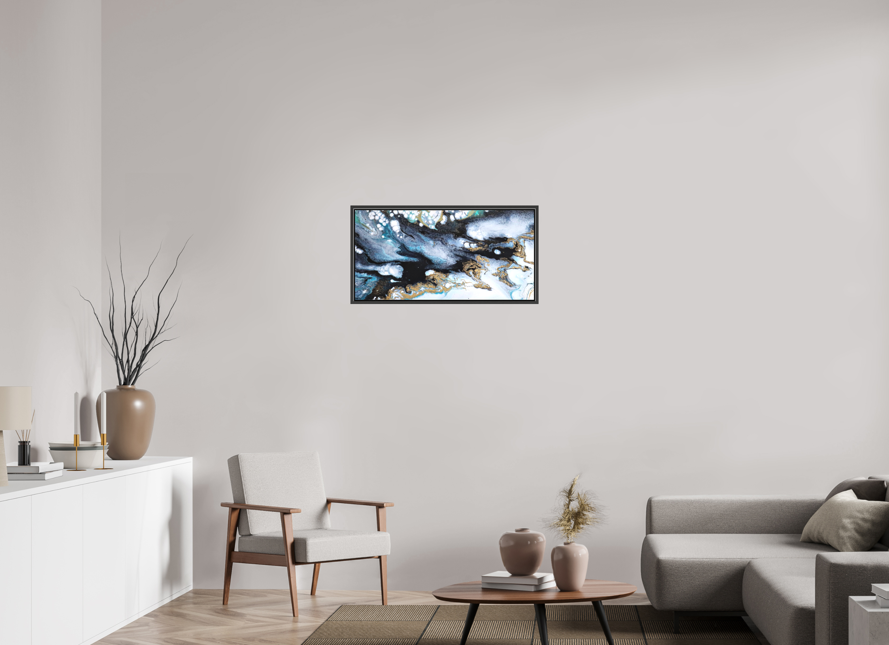 32.4 x 16″, *.7" Matte Canvas with Black Oak Frame Ocean Blues - Original Acrylic Tip Pour