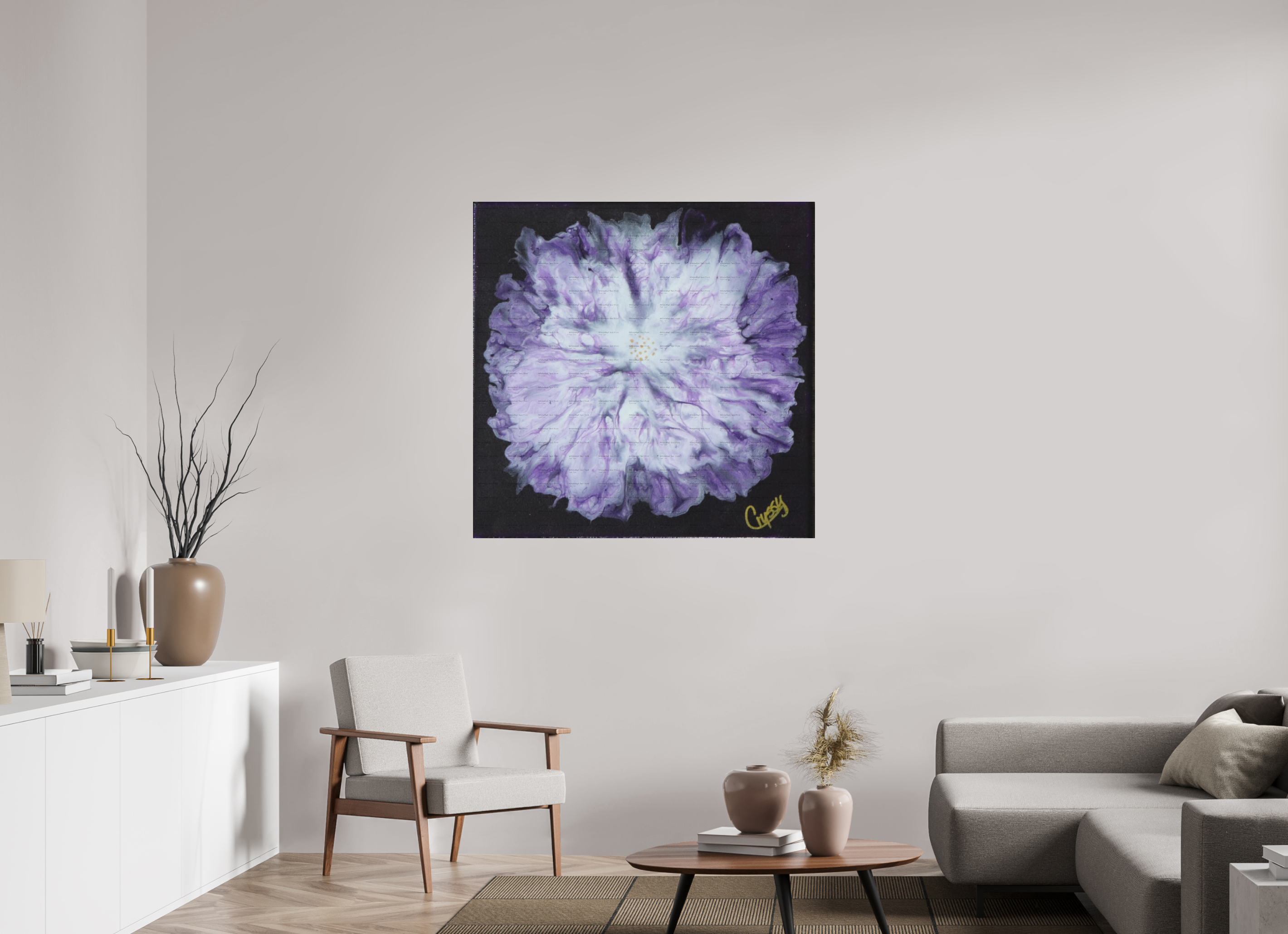 43.7 x 43″, *SAMPLE Photo Print on Fuji Silk Paper no frame Purple Paisley - Original Acrylic Dutch Pour Painting
