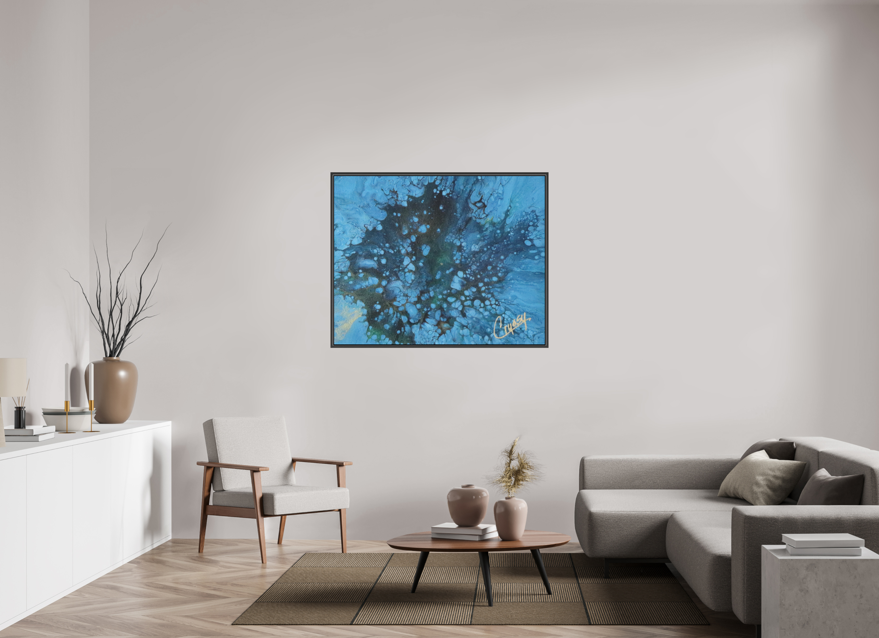 49 x 39″, *.7" Matte Canvas with Black Oak Frame Ocean Bloom - Original Dutch Pour Acrylic Painting
