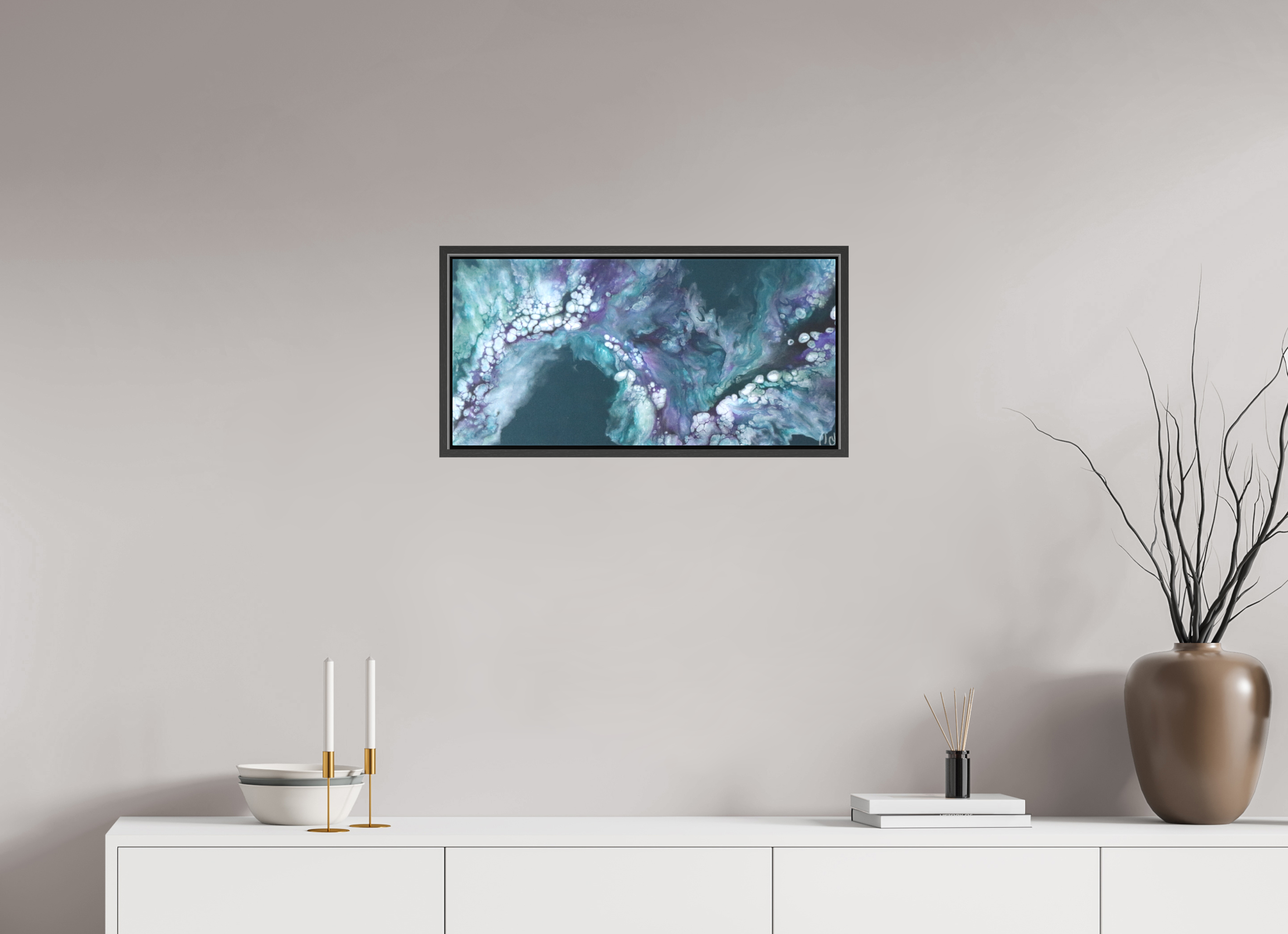 25.2 x 12″, *.7" Matte Canvas with Black Oak Frame Teal Tidal Wave