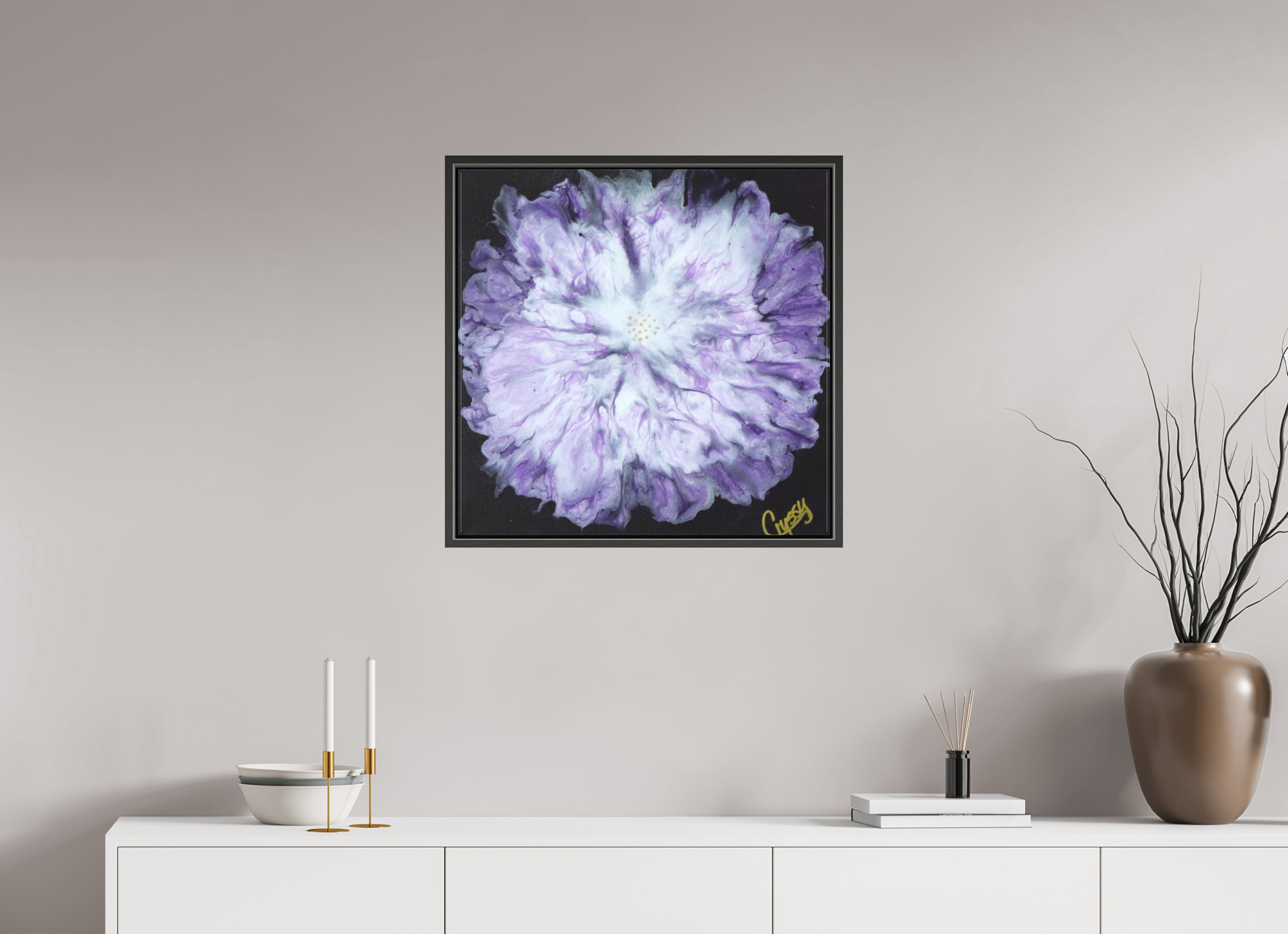 24.4 x 24″, *.7" Matte Canvas with Black Oak Frame Purple Paisley - Original Acrylic Dutch Pour Painting
