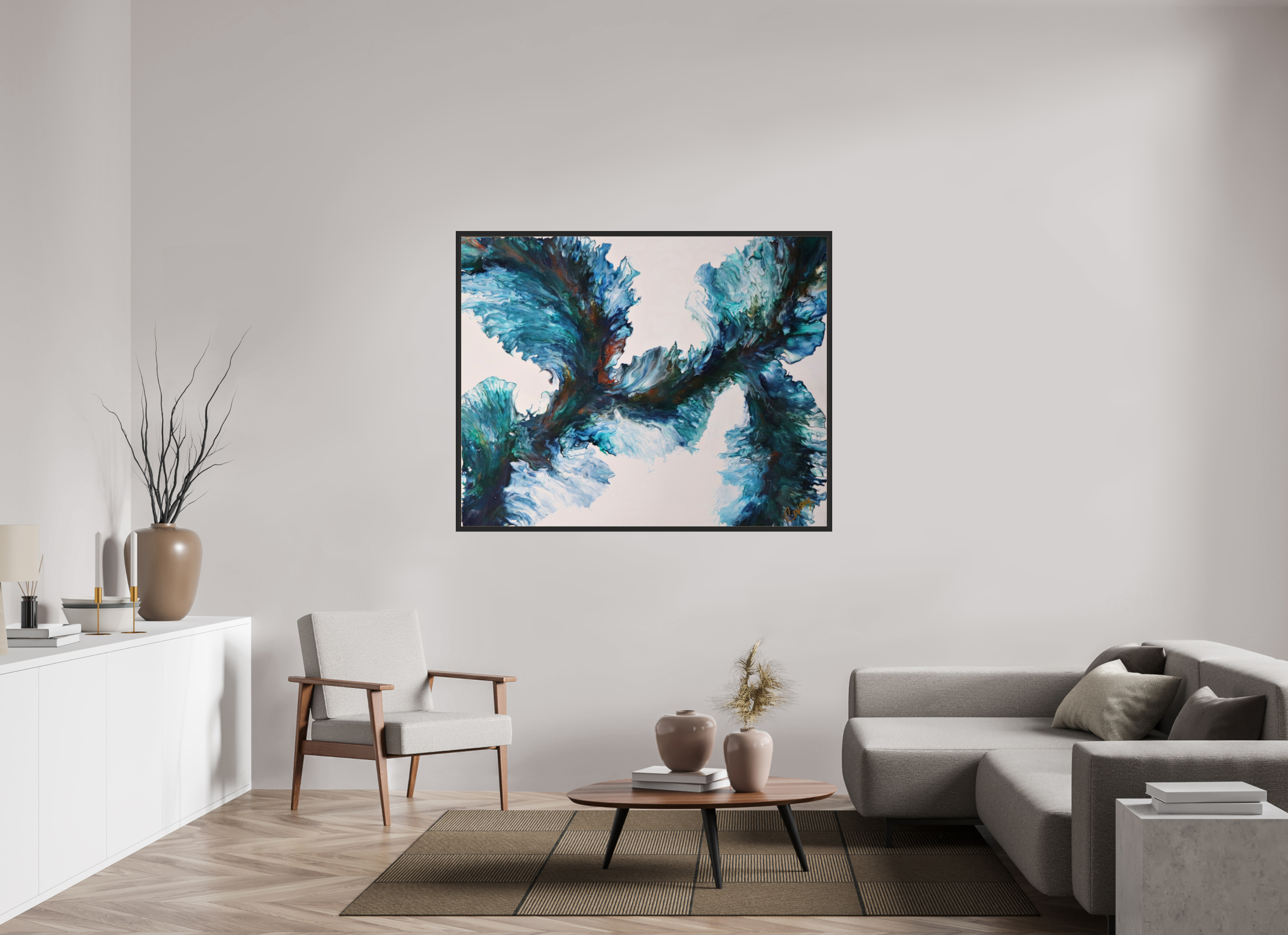 59.2 x 47″, *Photo Print Under Acrylic Glass Black Matte Frame River Blues - Original Dutch Pour Painting