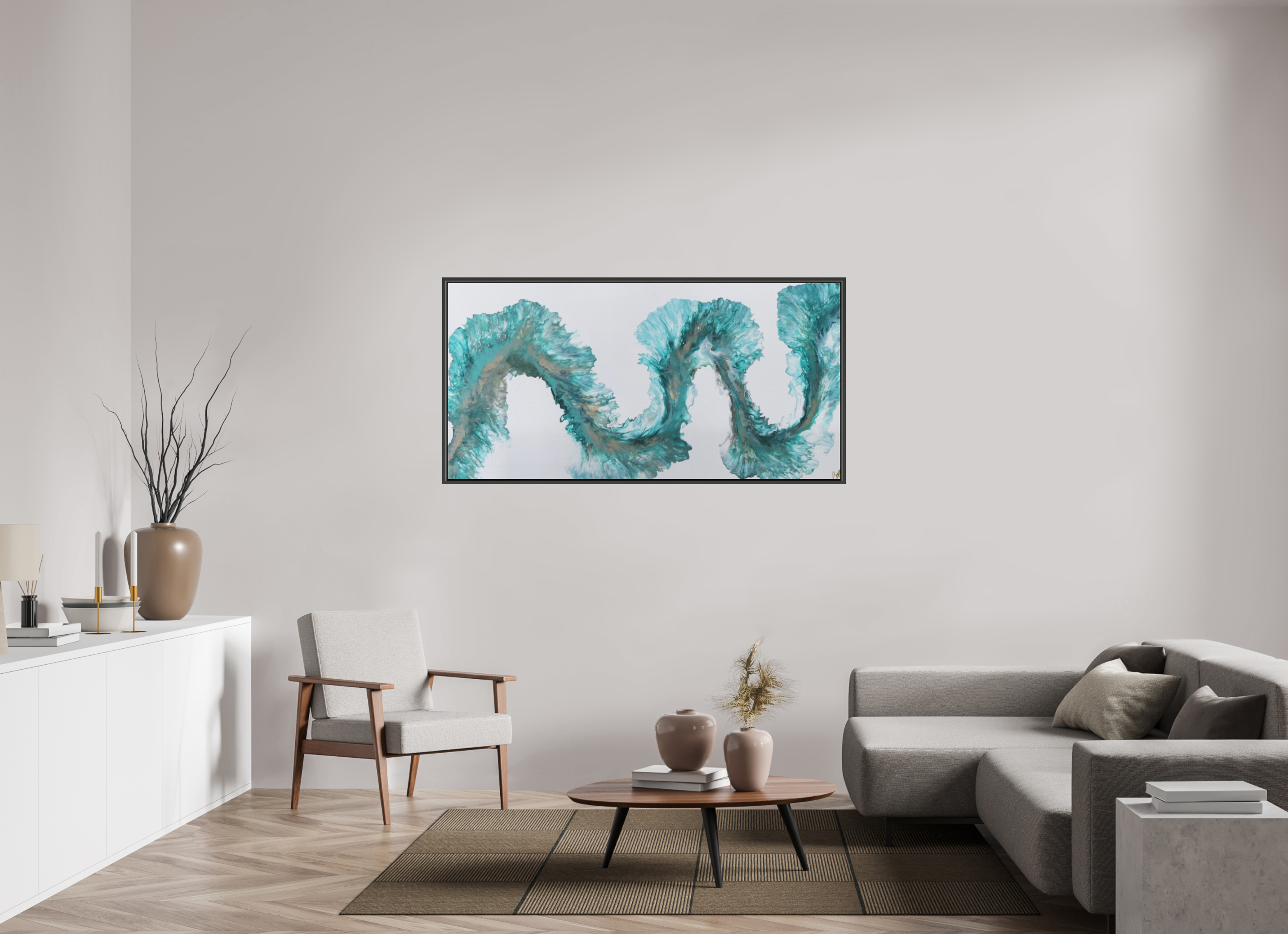 62.4 x 31″, *.7" Matte Canvas with Black Oak Frame Tidal Reviere