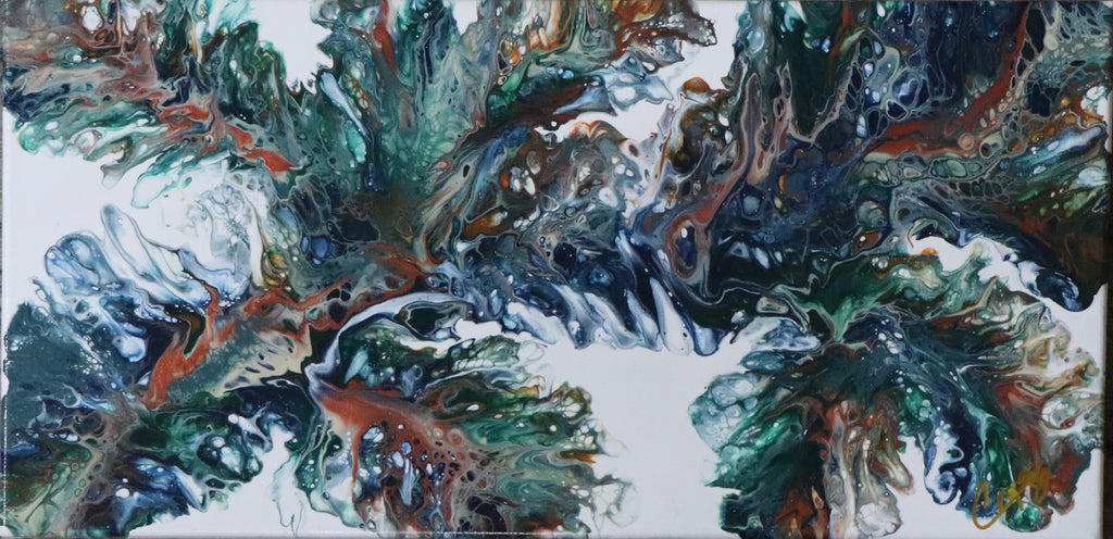 Original Dutch pour painting titled "Kelp of the Sea" by The Living Abstract, featuring vibrant sea-inspired abstract art.