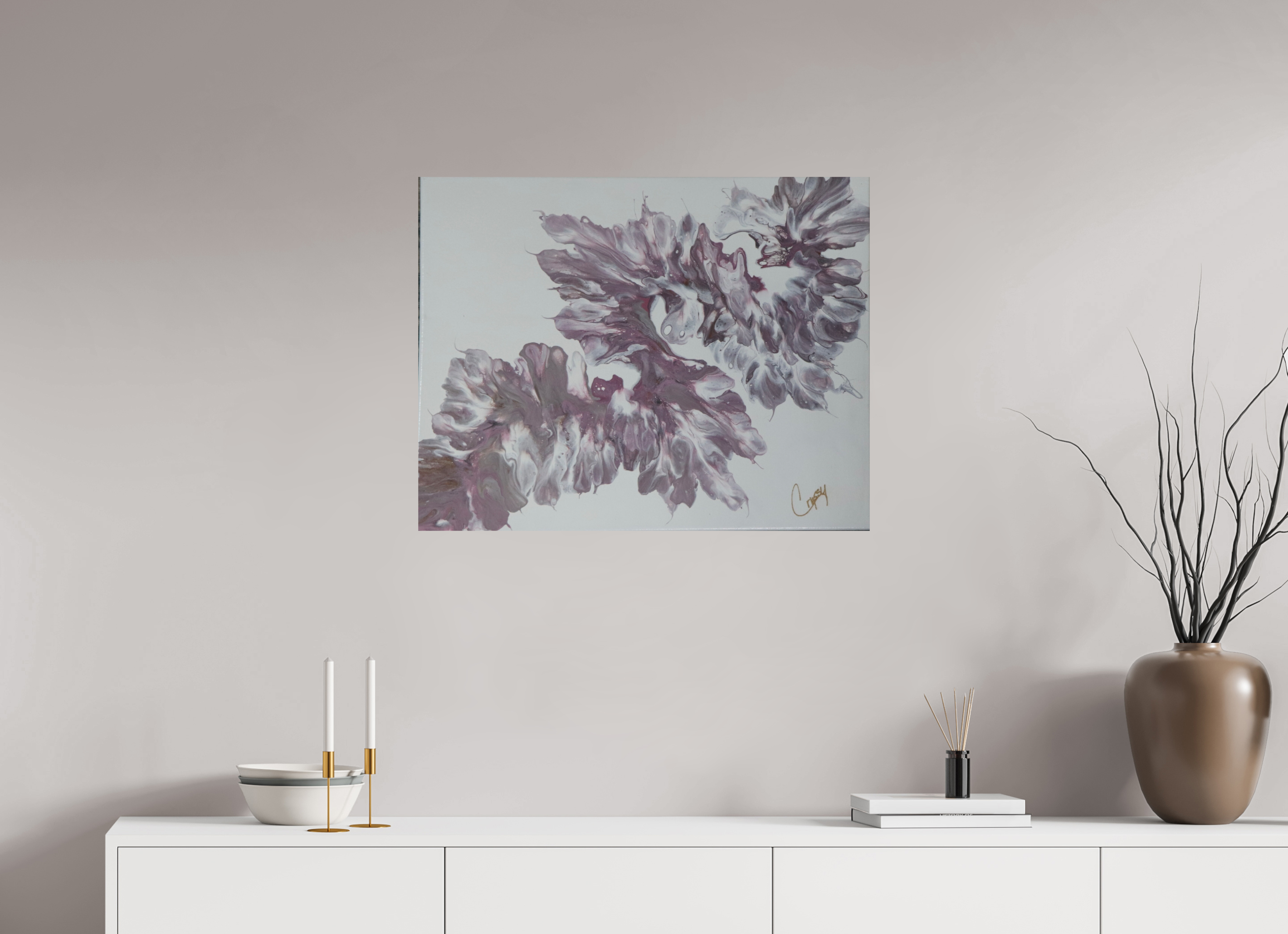 30.6 x 24″, *Photo Print on Fuji Silk with Black Frame Pink Dragon - Original Dutch Pour Painting