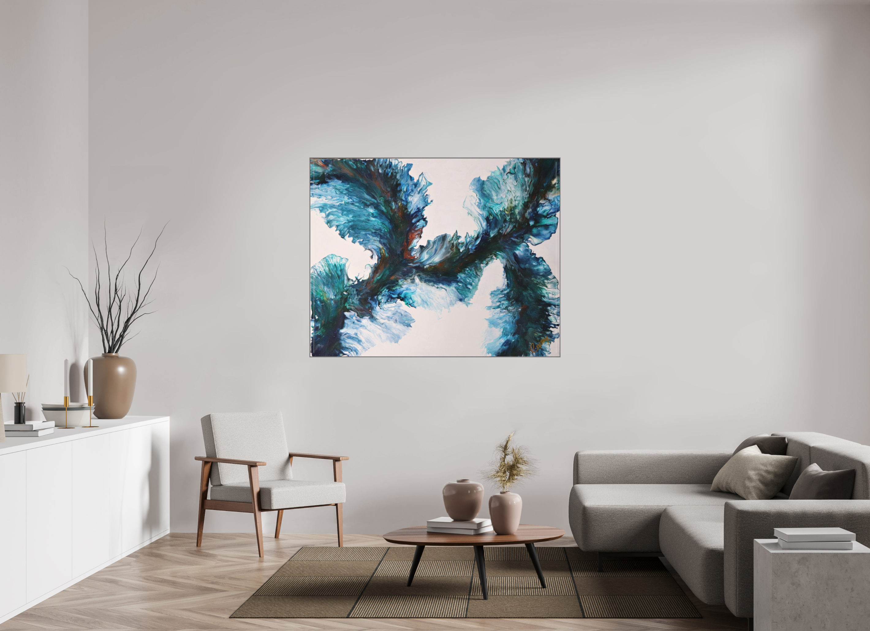 59.2 x 47″, *Aluminum Artbox 1" on fine art paper under acrylic matte glass River Blues - Original Dutch Pour Painting