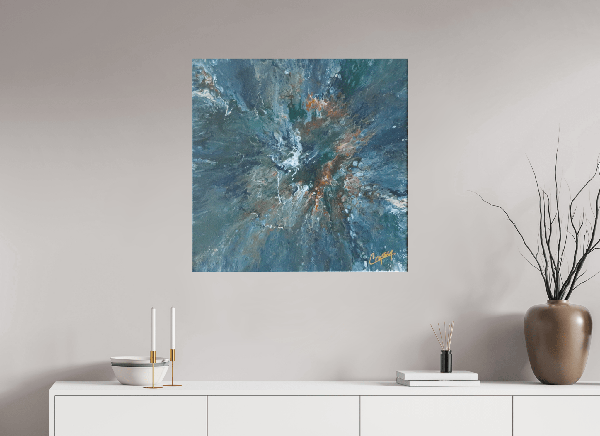 Teal Flux - Original Tilt Pour Painting - The Living Abstract