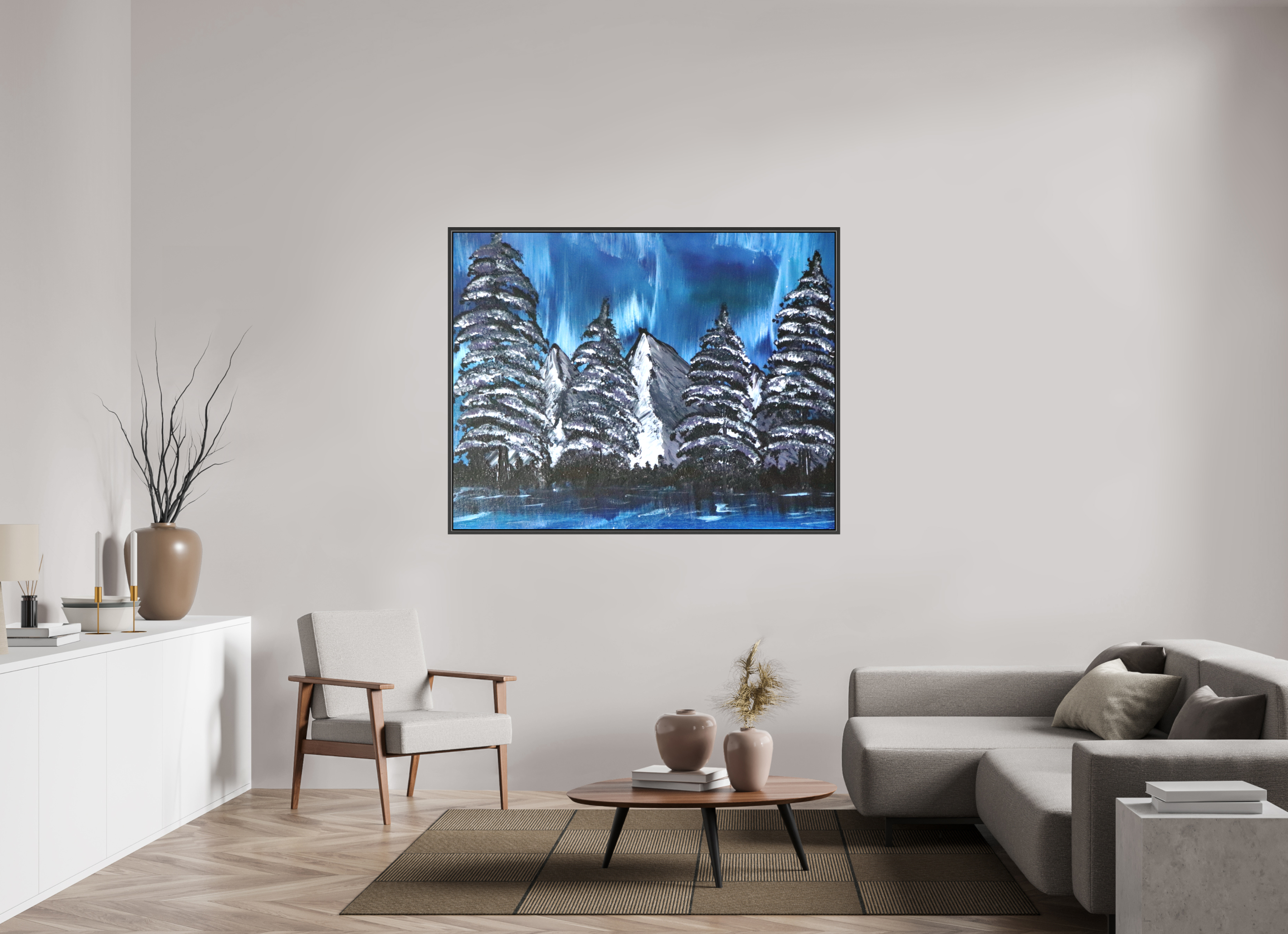 60.6 x 47″, *.7" Matte Canvas with Black Oak Frame Blue Borealis - Original Acrylic Landscape Painting