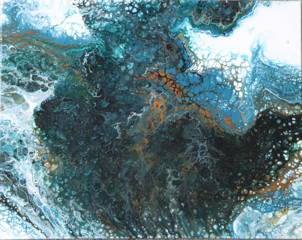 Teal Drift original tilt pour painting by The Living Abstract, featuring fluid abstract art with teal and blue hues.