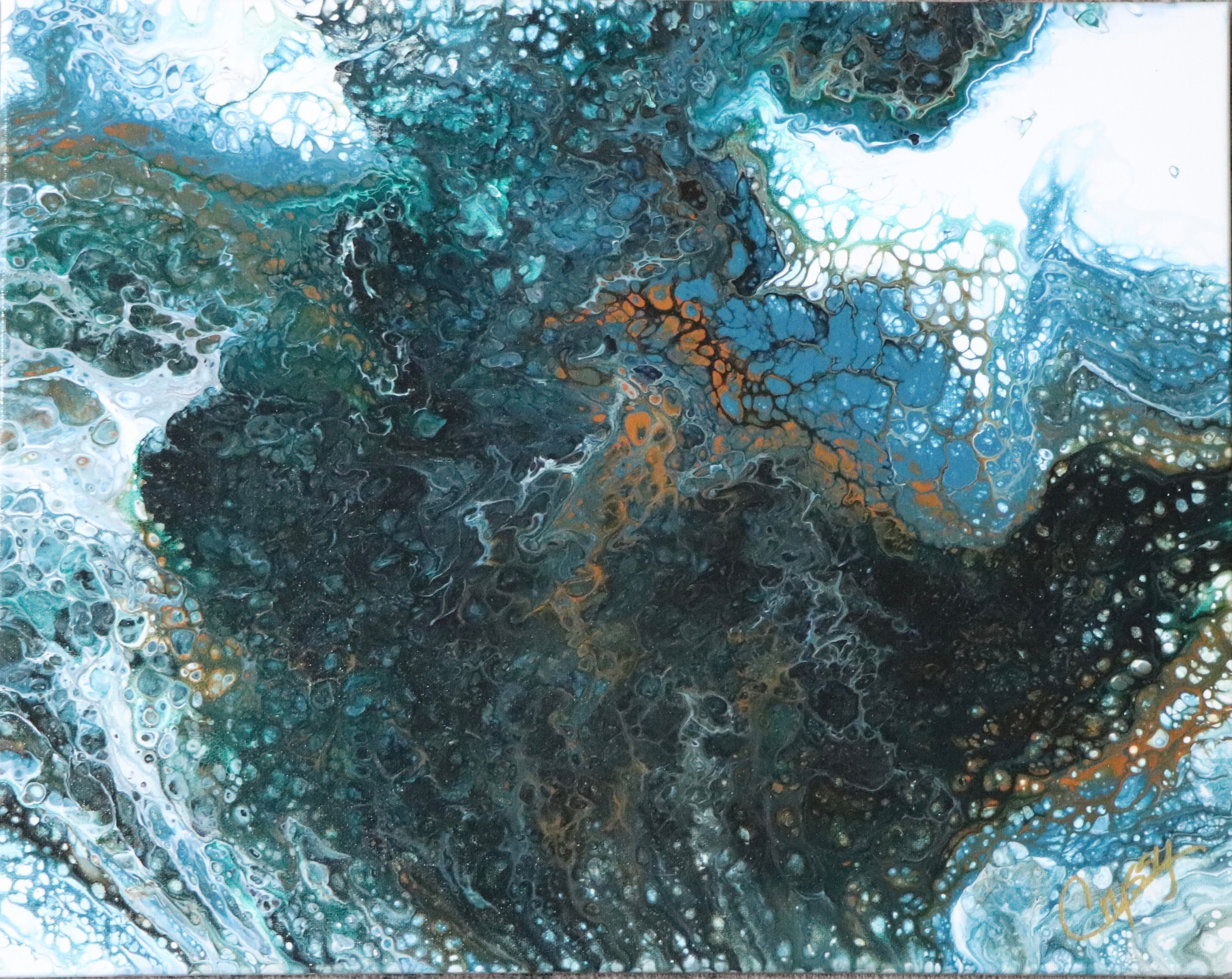 Teal Drift original tilt pour painting by The Living Abstract, featuring fluid abstract art with teal and blue hues.