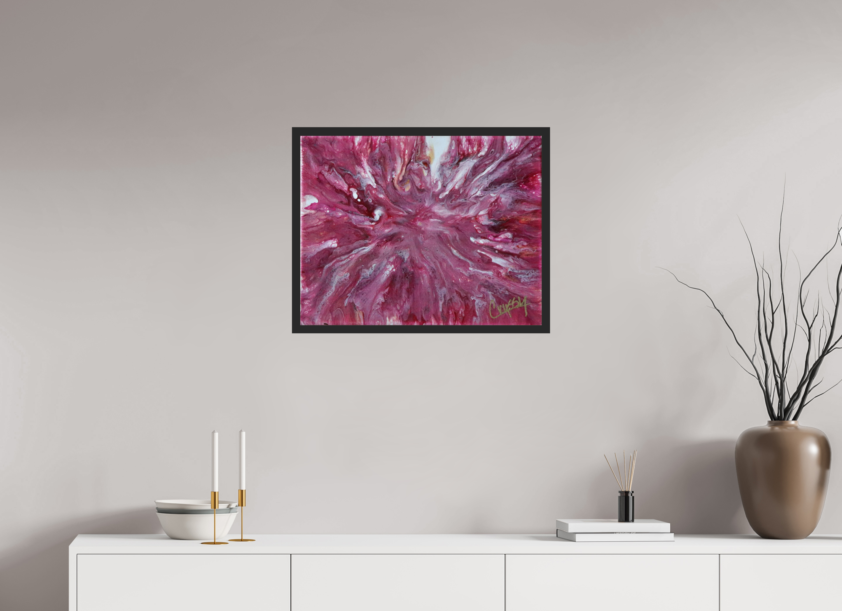 25.3 x 20″, *Photo Print Under Acrylic Glass Black Matte Frame Pink Explosion - Original Dutch Pour Acrylic Painting