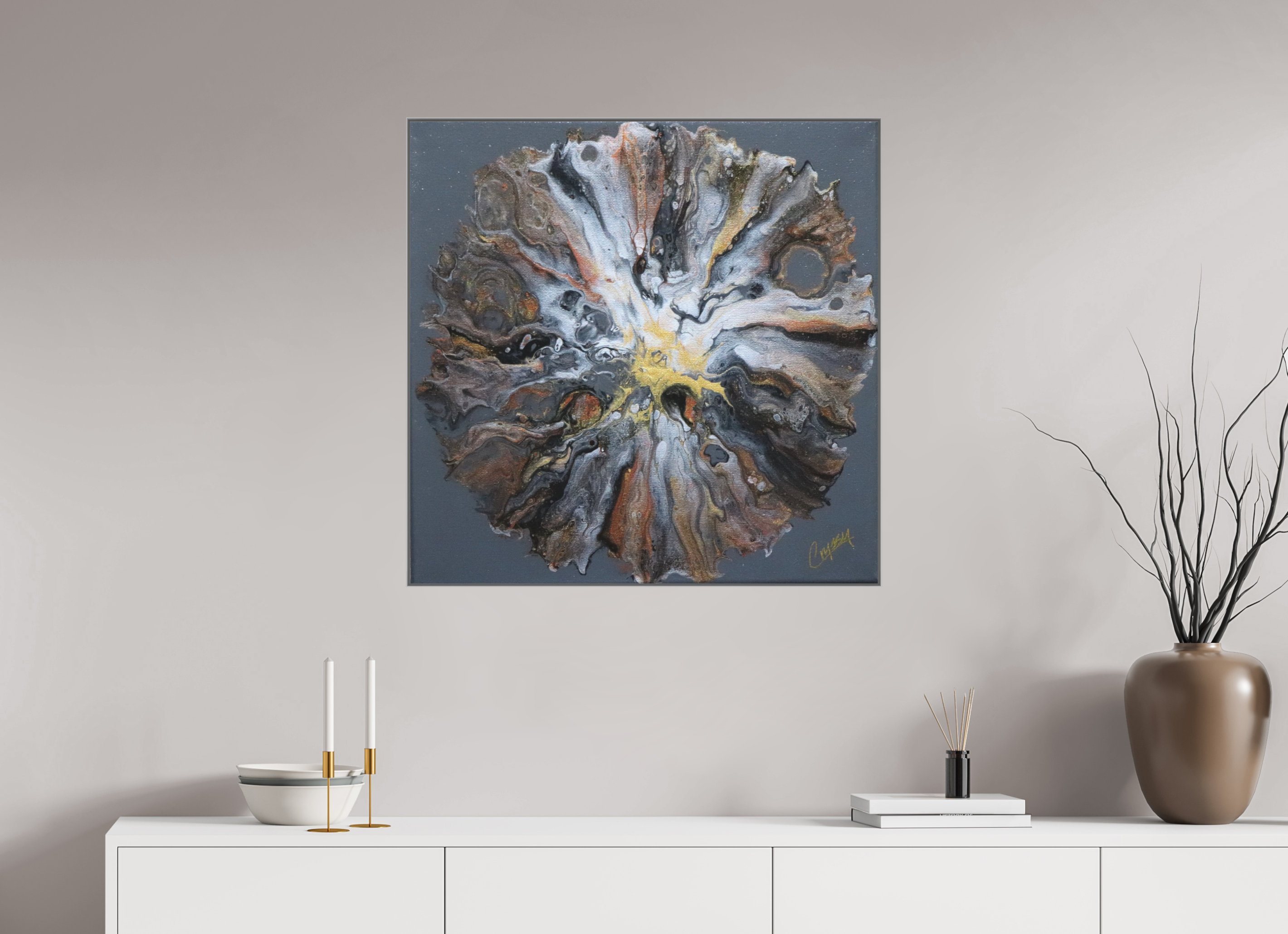 31.4 x 31″, *Aluminum Artbox 1" on fine art paper under acrylic matte glass copper Bloom