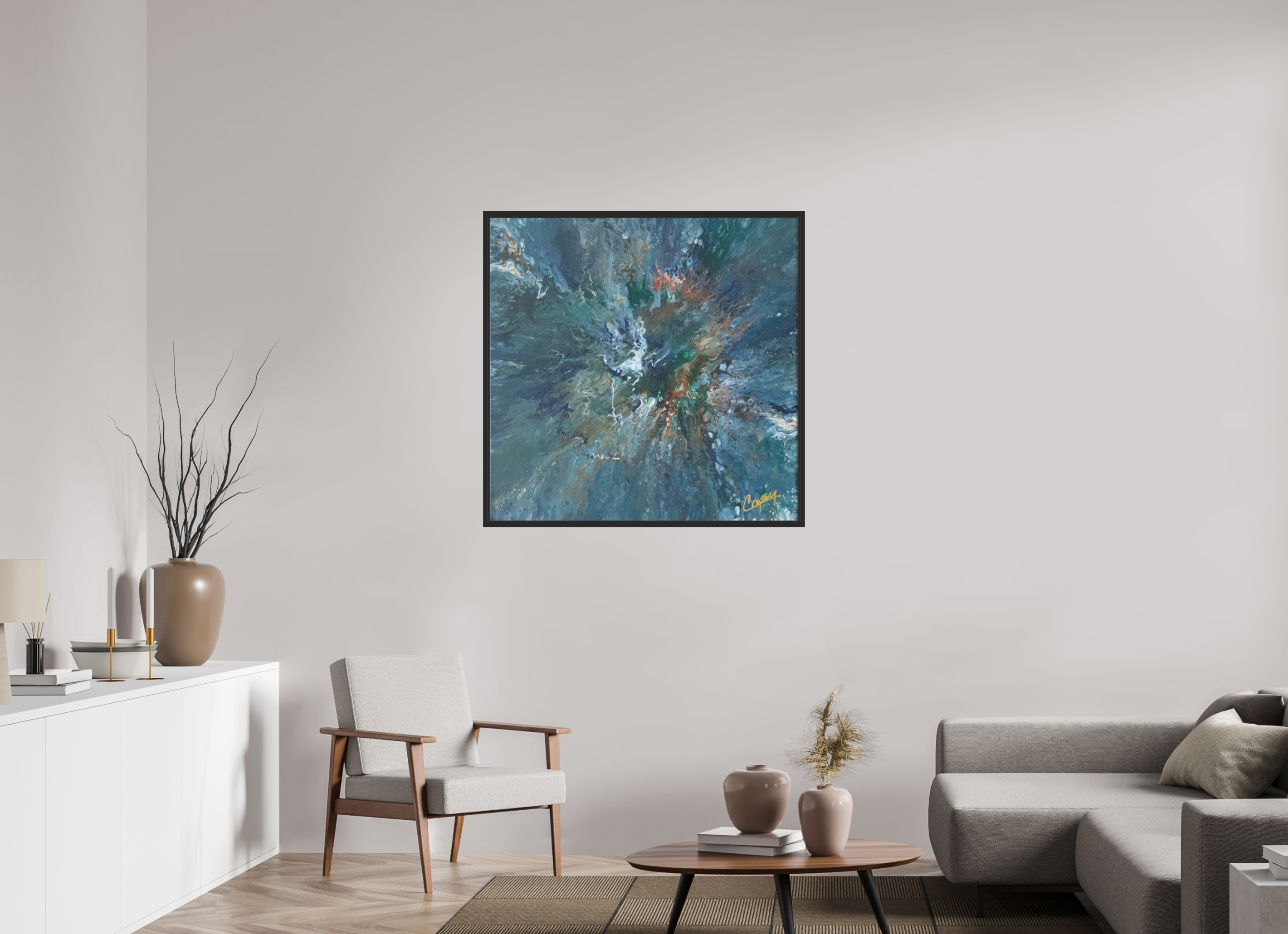 39.7 x 39″, *Photo Print Under Acrylic Glass Black Matte Frame Teal Flux - Original Tilt Pour Painting