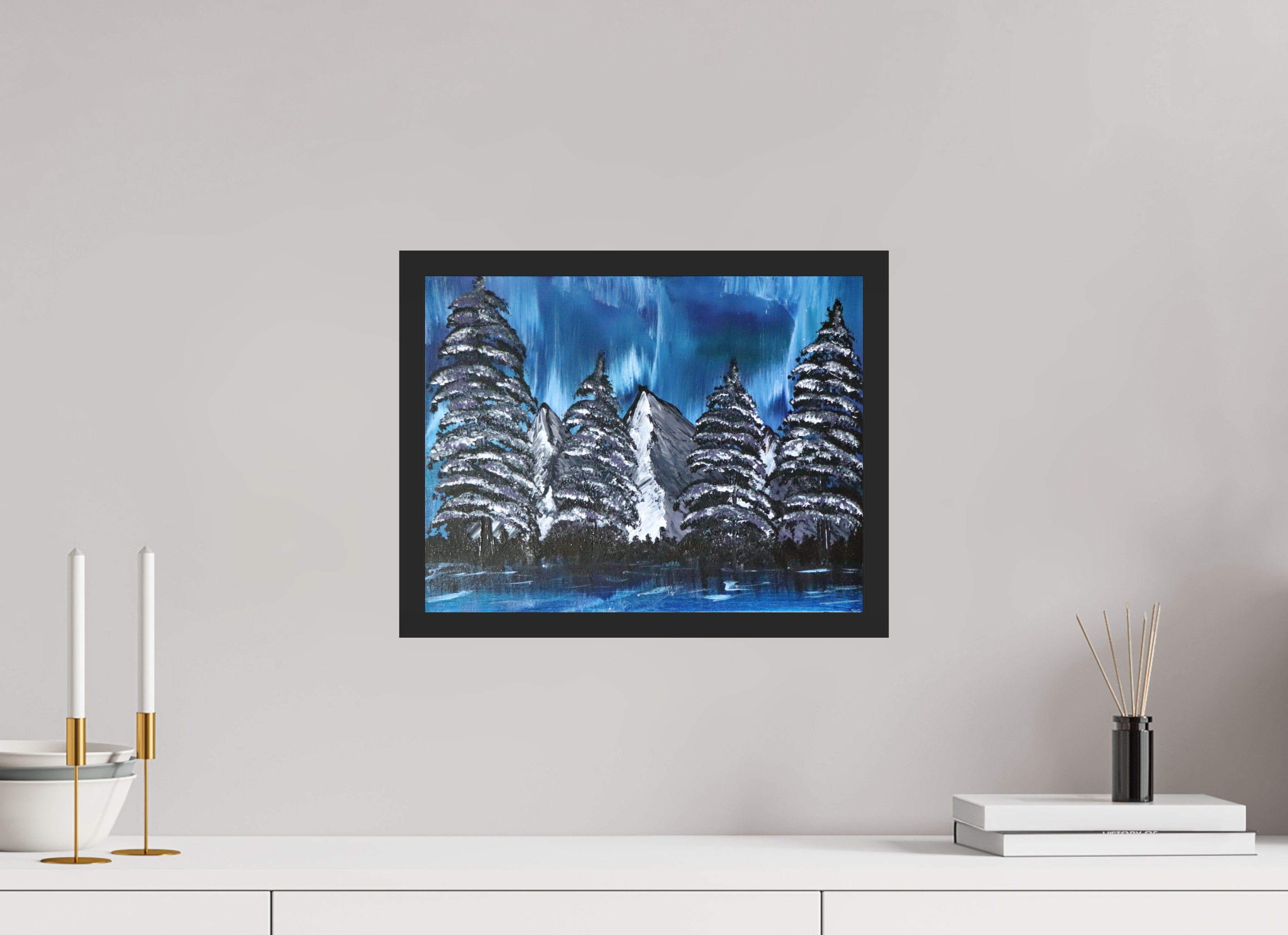 15.5 x 12″, *Photo Print Under Acrylic Glass Black Matte Frame Blue Borealis - Original Acrylic Landscape Painting