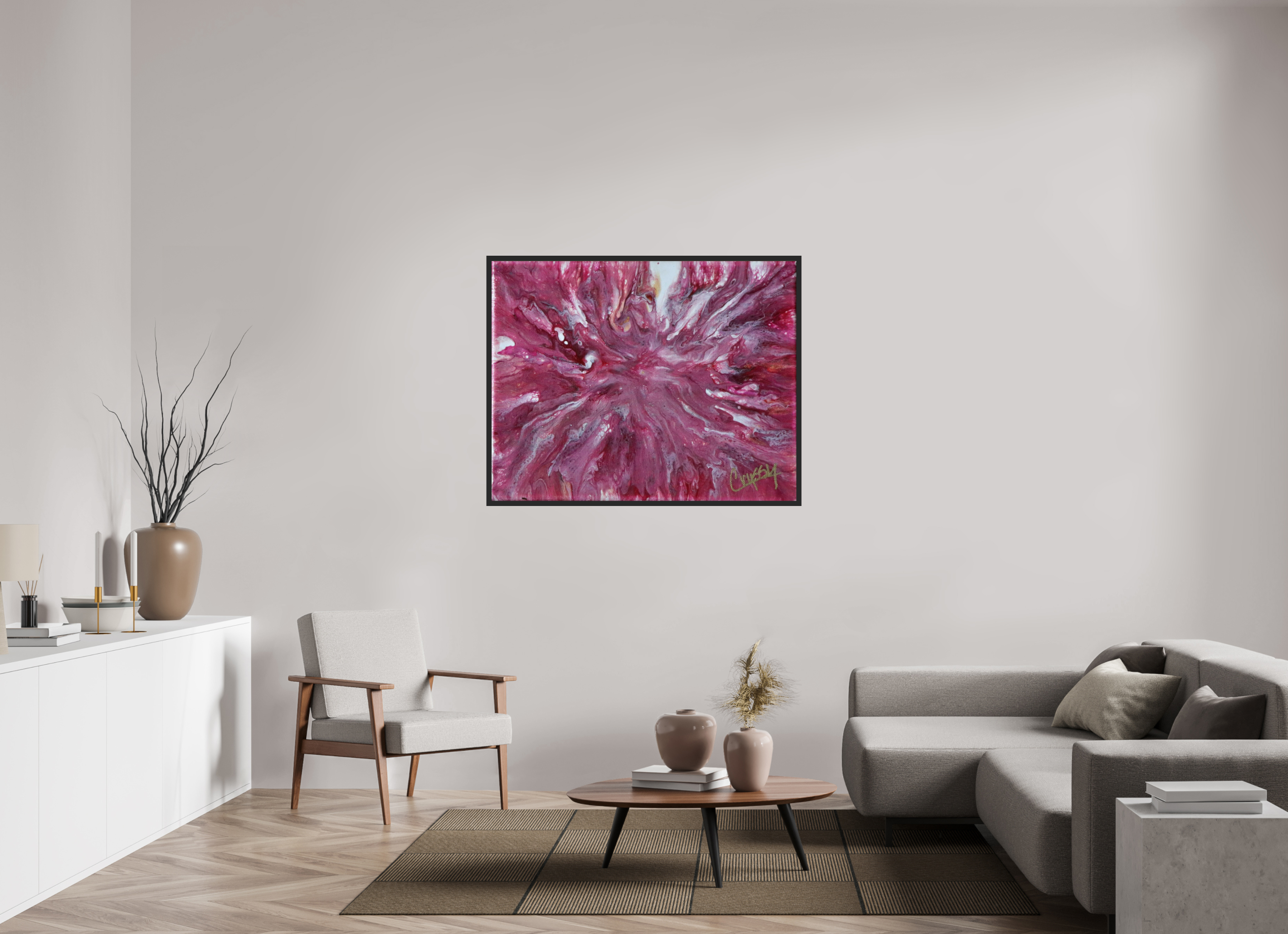 49.4 x 39″, *Photo Print Under Acrylic Glass Black Matte Frame Pink Explosion - Original Dutch Pour Acrylic Painting