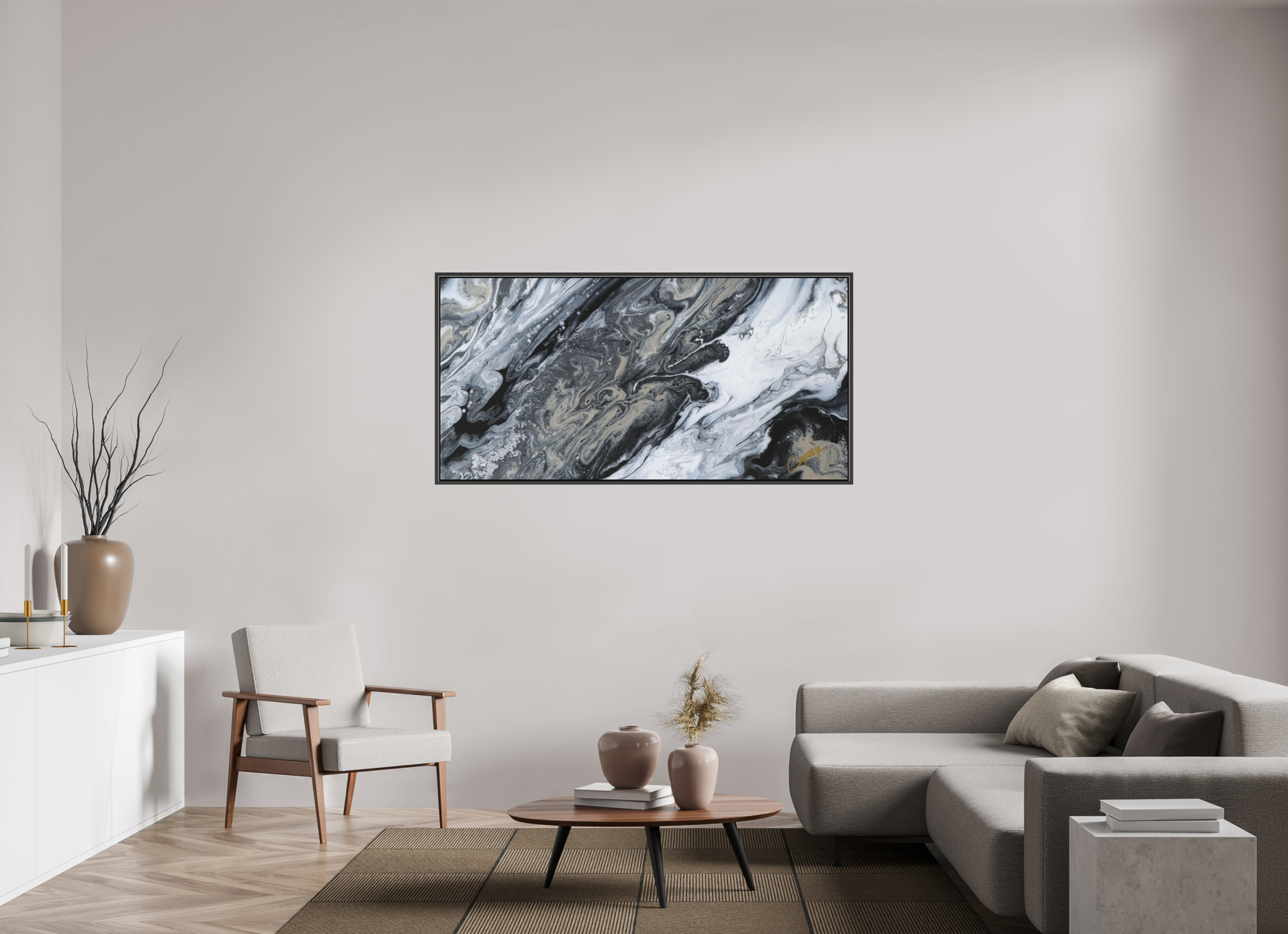 63.1 x 31″, *.7" Matte Canvas with Black Oak Frame Black Sands - Original Tilt Pour