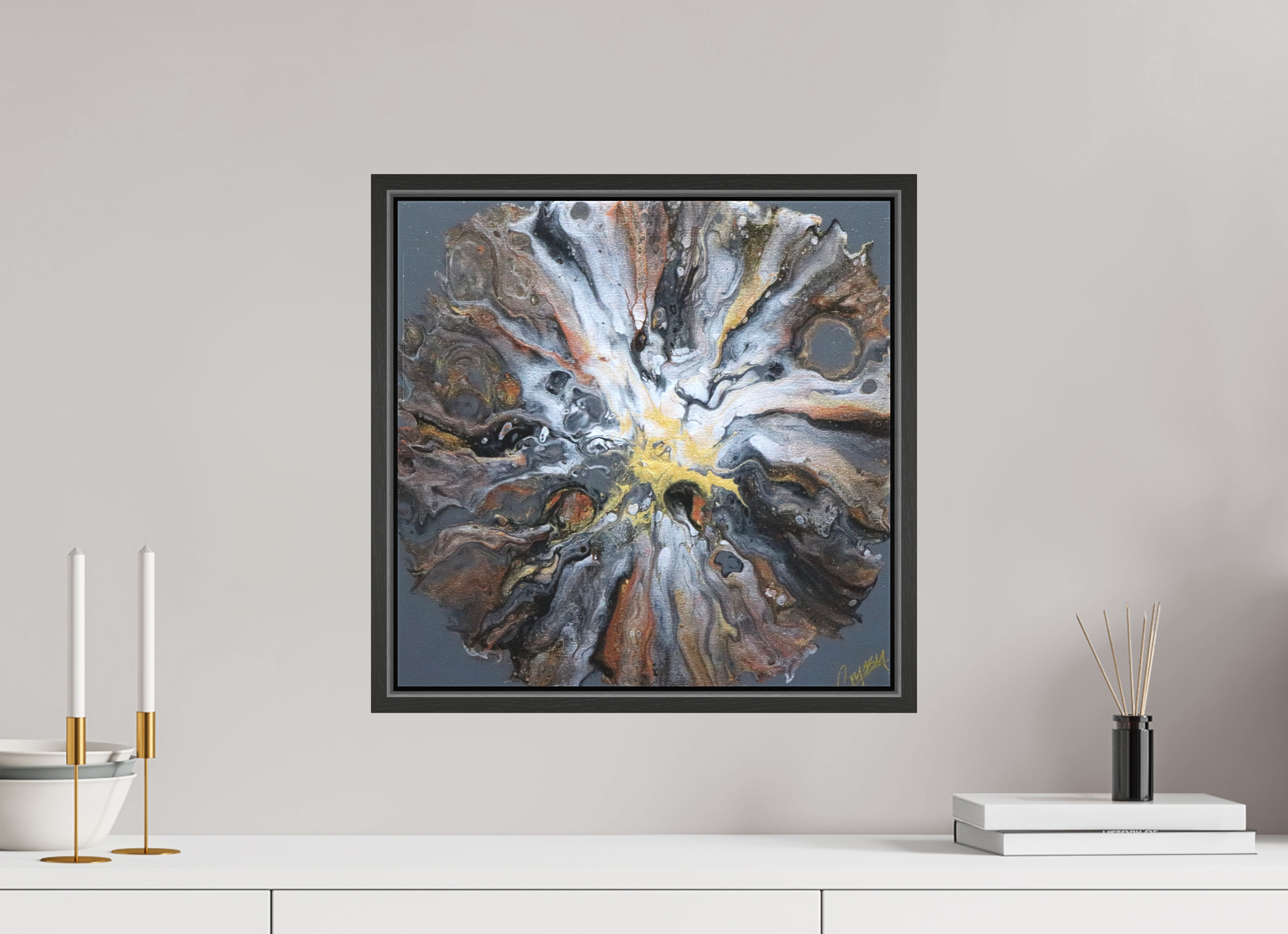 16.2 x 16″, *.7" Matte Canvas with Black Oak Frame copper Bloom