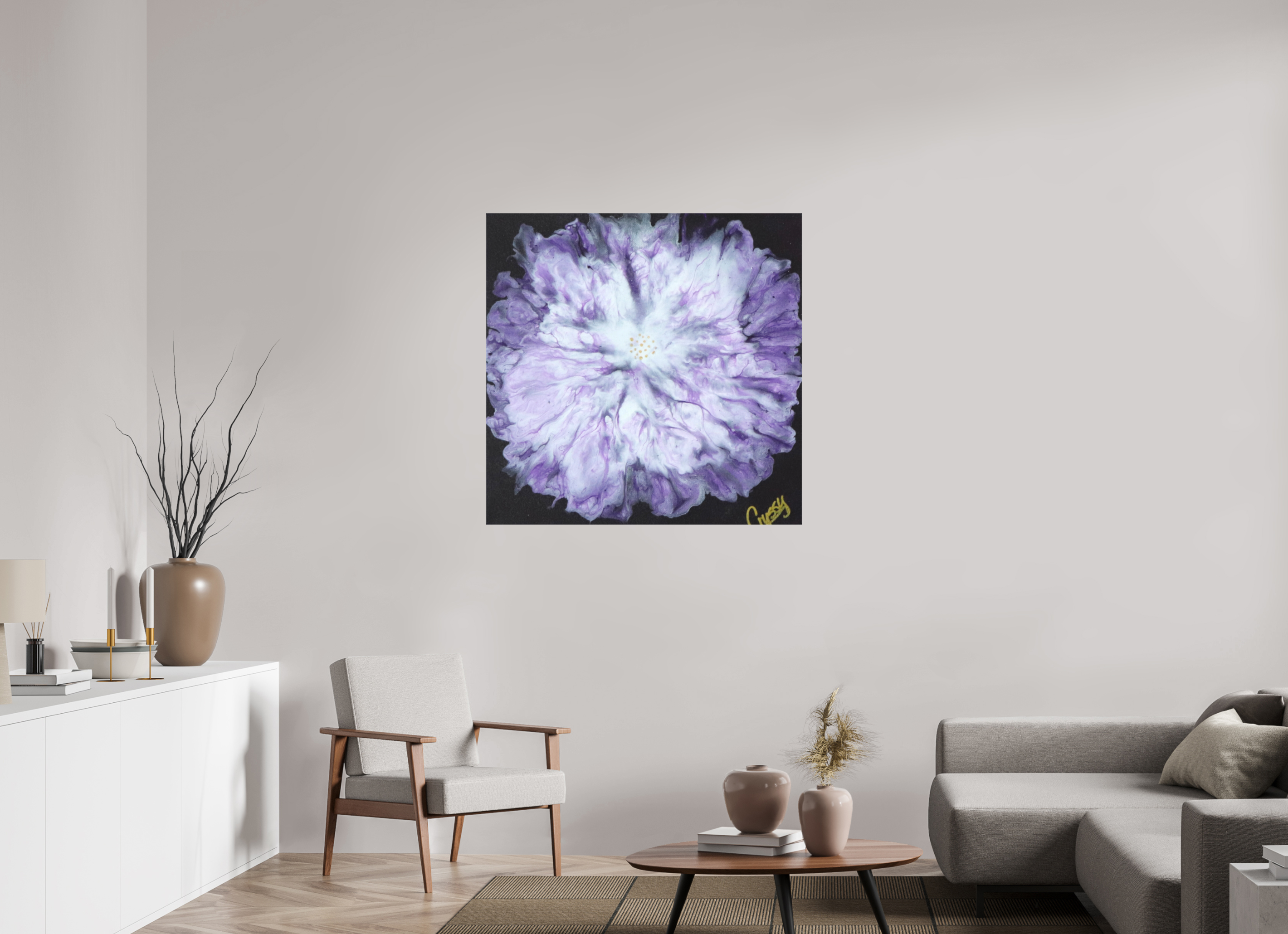 39.6 x 39″, *1.25" Matte Canvas No Frame Purple Paisley - Original Acrylic Dutch Pour Painting