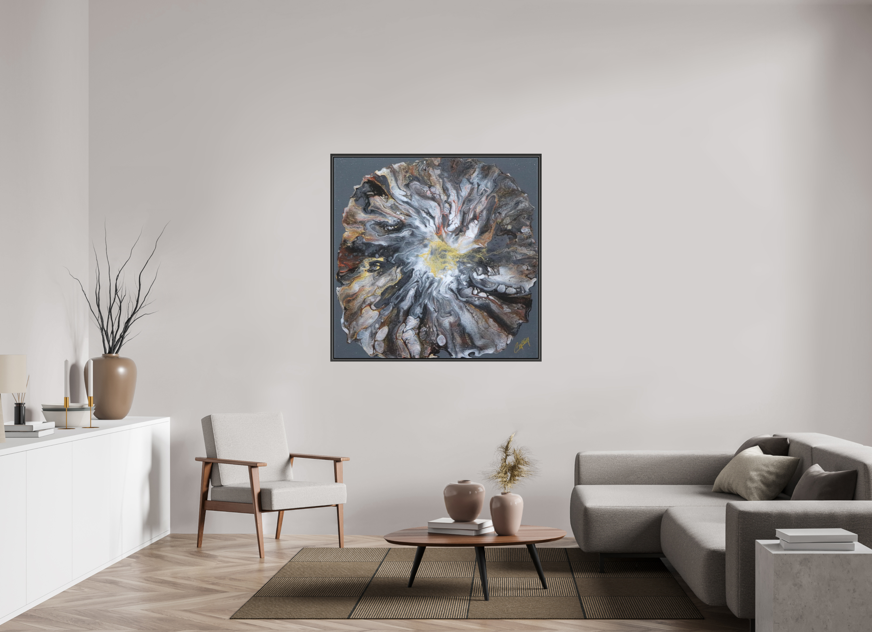 47.8 x 47″, *.7" Matte Canvas with Black Oak Frame Copper Bloom II