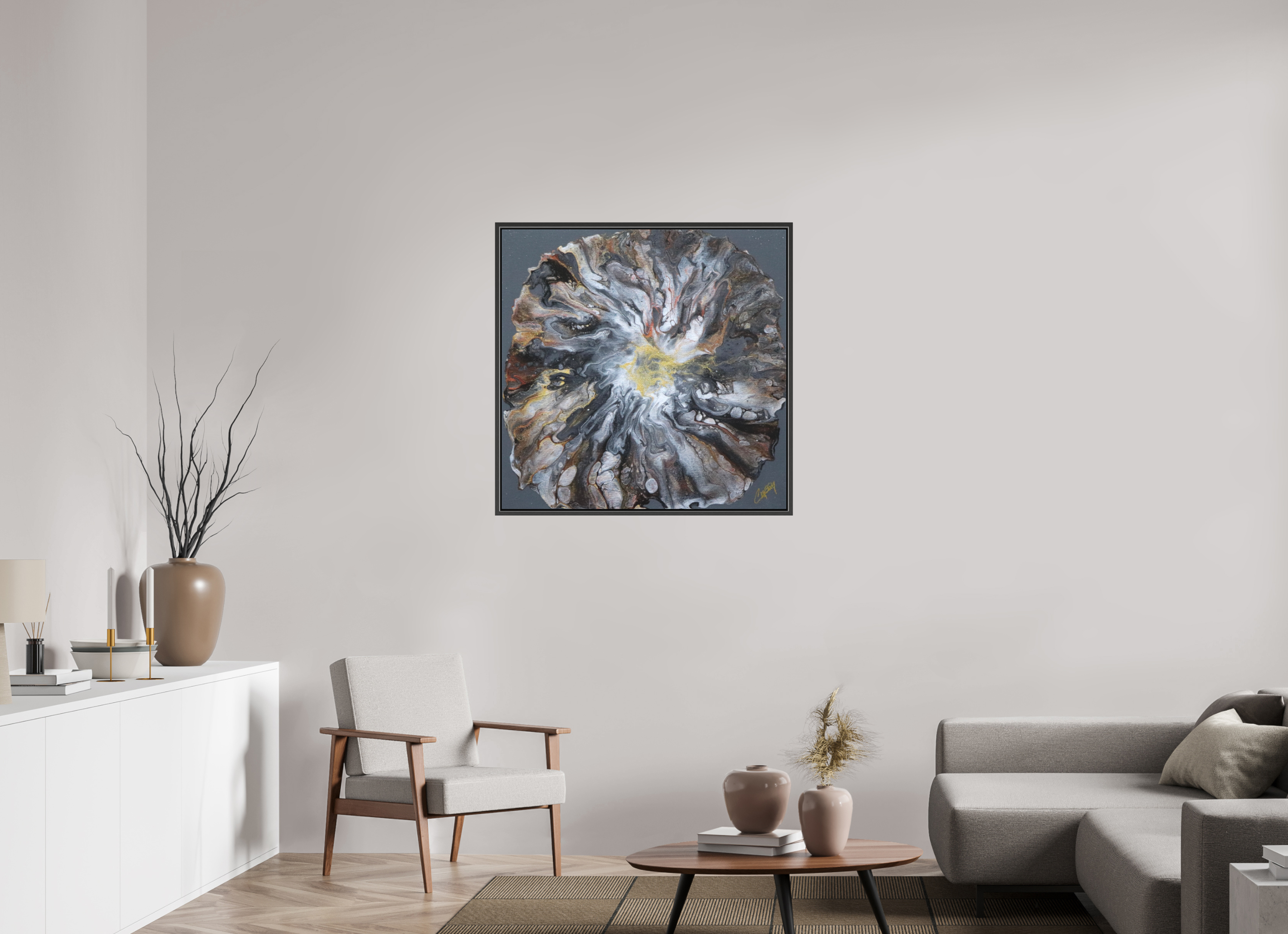35.6 x 35″, *.7" Matte Canvas with Black Oak Frame Copper Bloom II