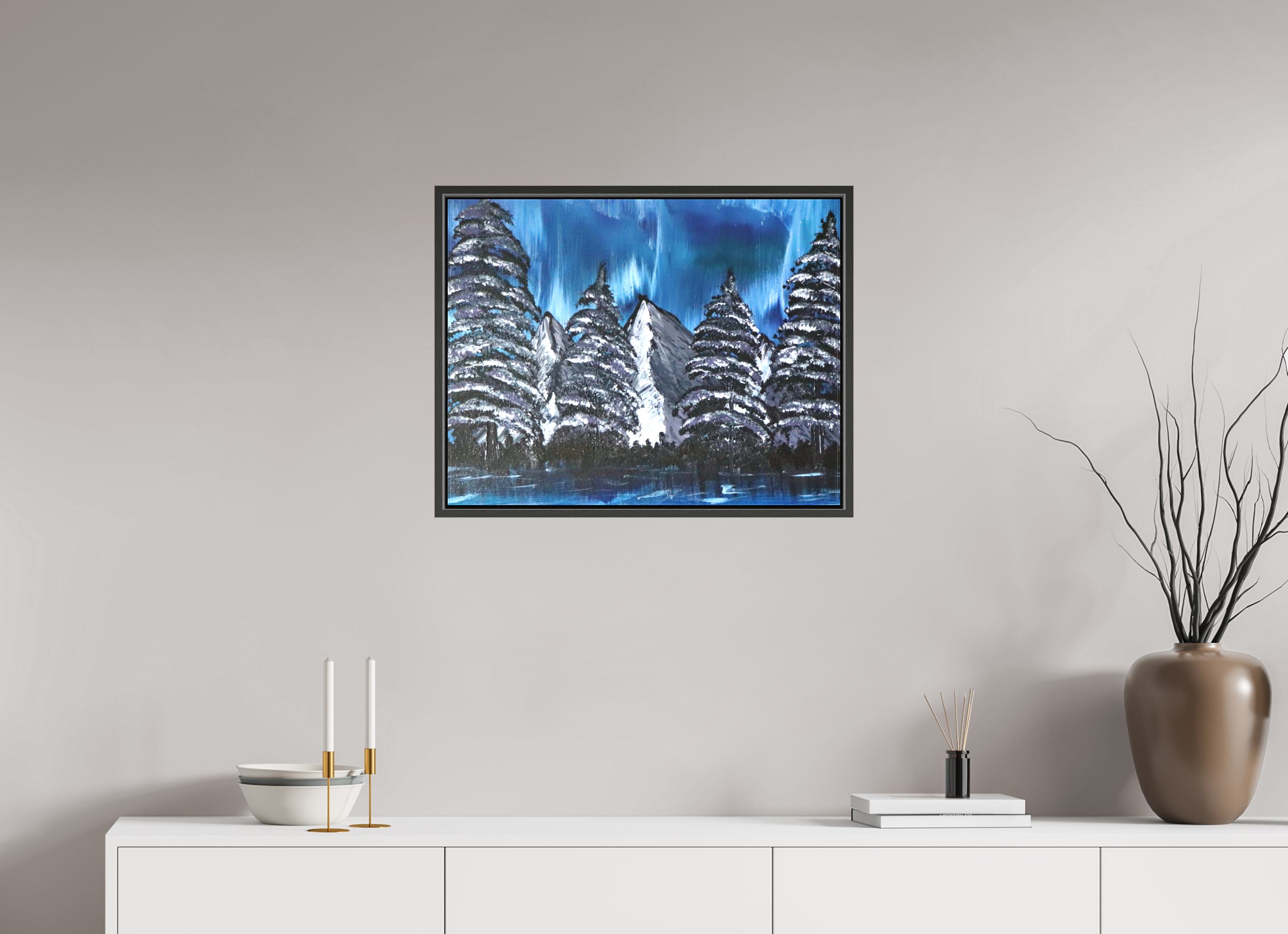 25.8 x 20″, *.7" Matte Canvas with Black Oak Frame Blue Borealis - Original Acrylic Landscape Painting