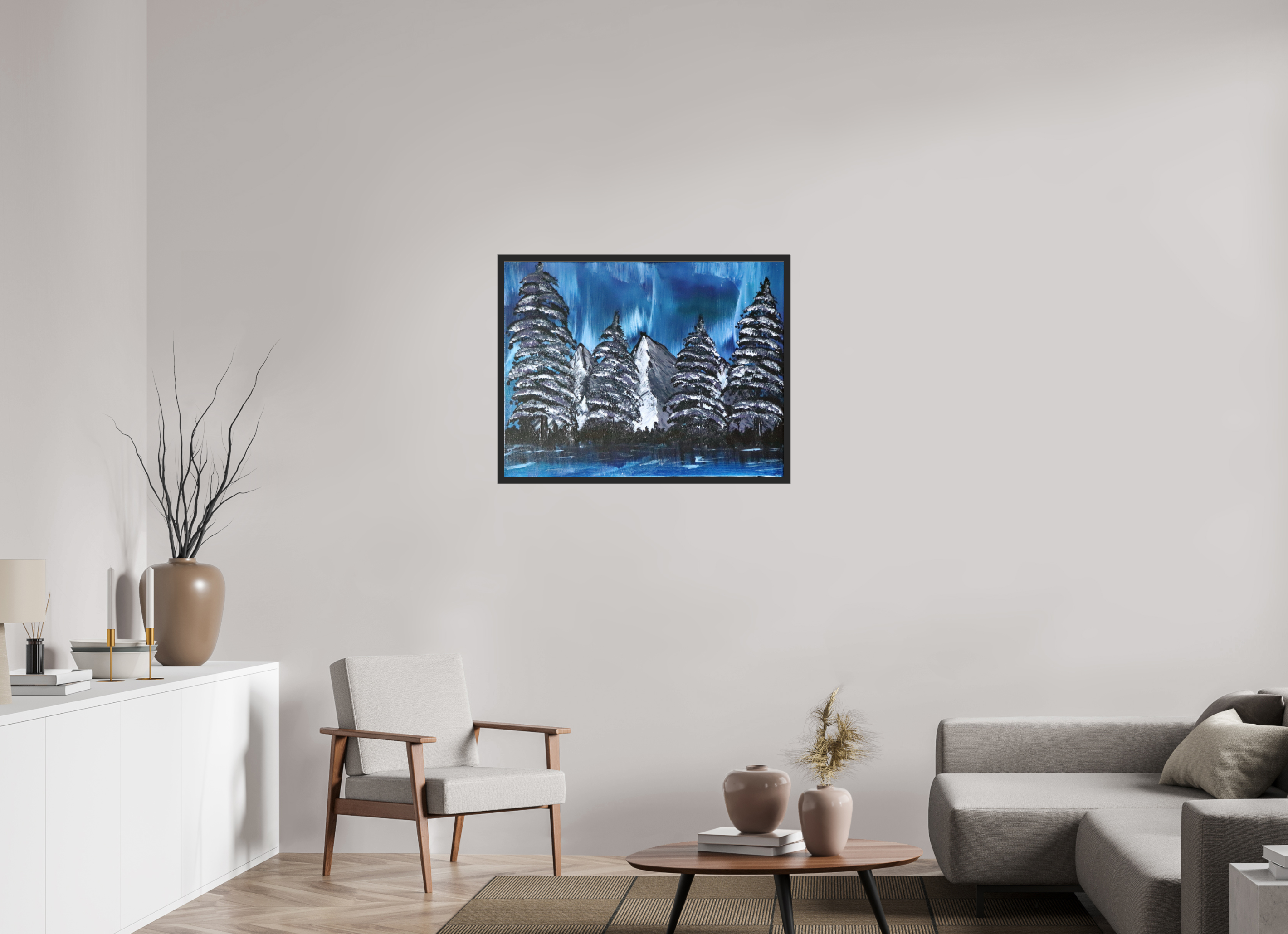 36.1 x 28″, *Photo Print Under Acrylic Glass Black Matte Frame Blue Borealis - Original Acrylic Landscape Painting