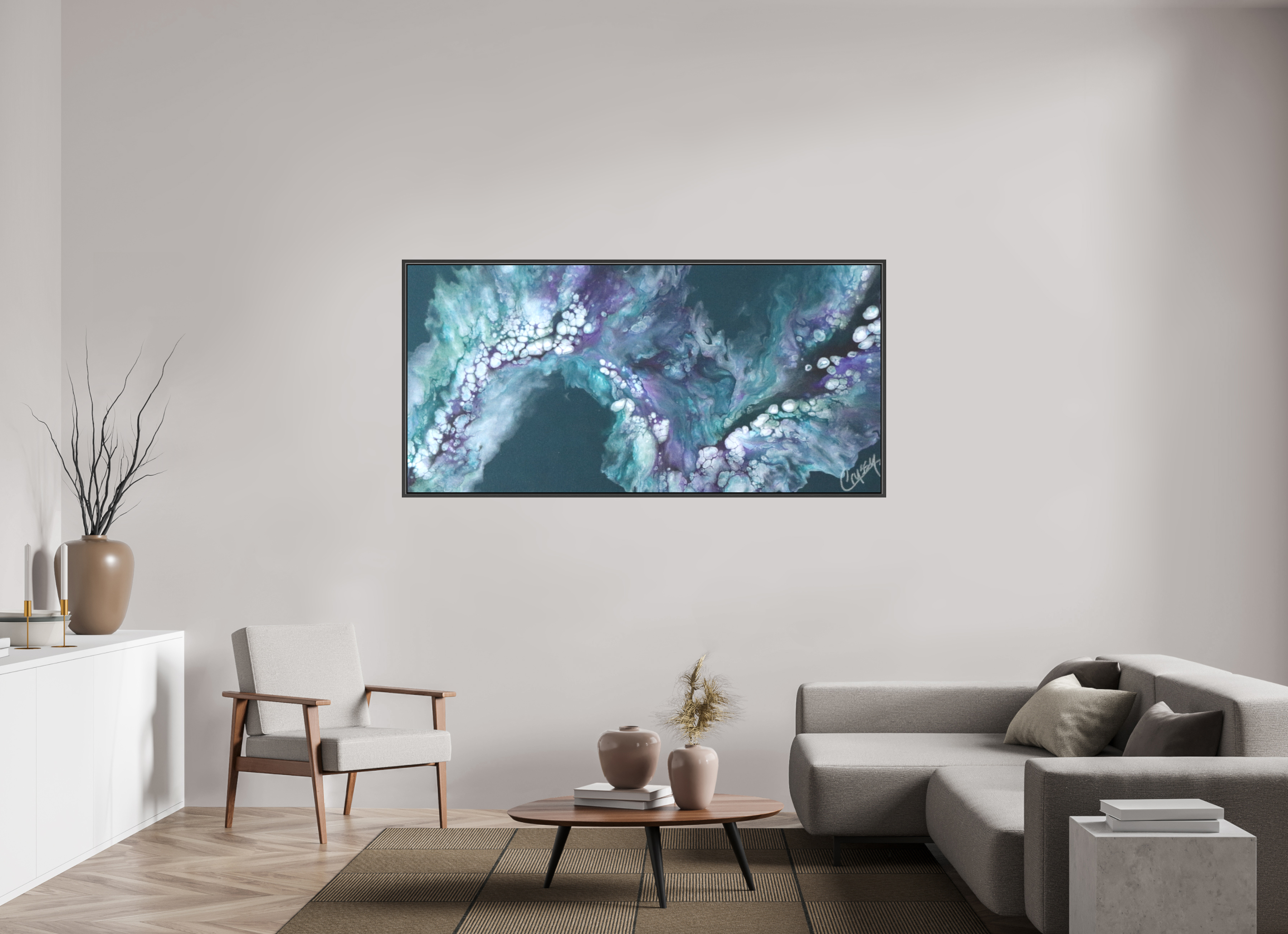 73.4 x 35″, *.7" Matte Canvas with Black Oak Frame Teal Tidal Wave