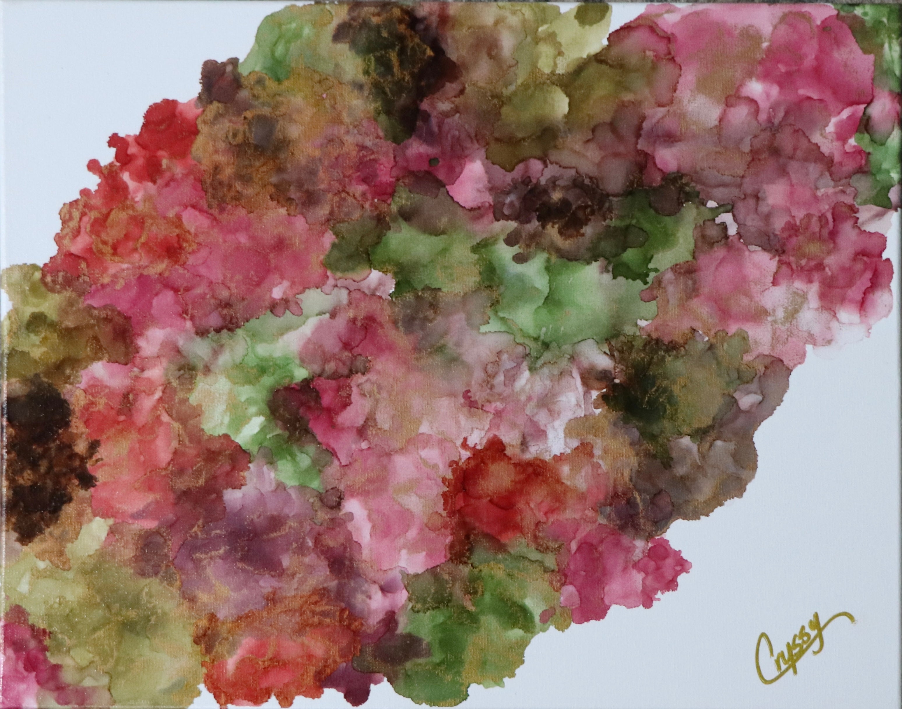 Original floral density alcohol ink painting by The Living Abstract showing vibrant, abstract floral patterns on canvas.