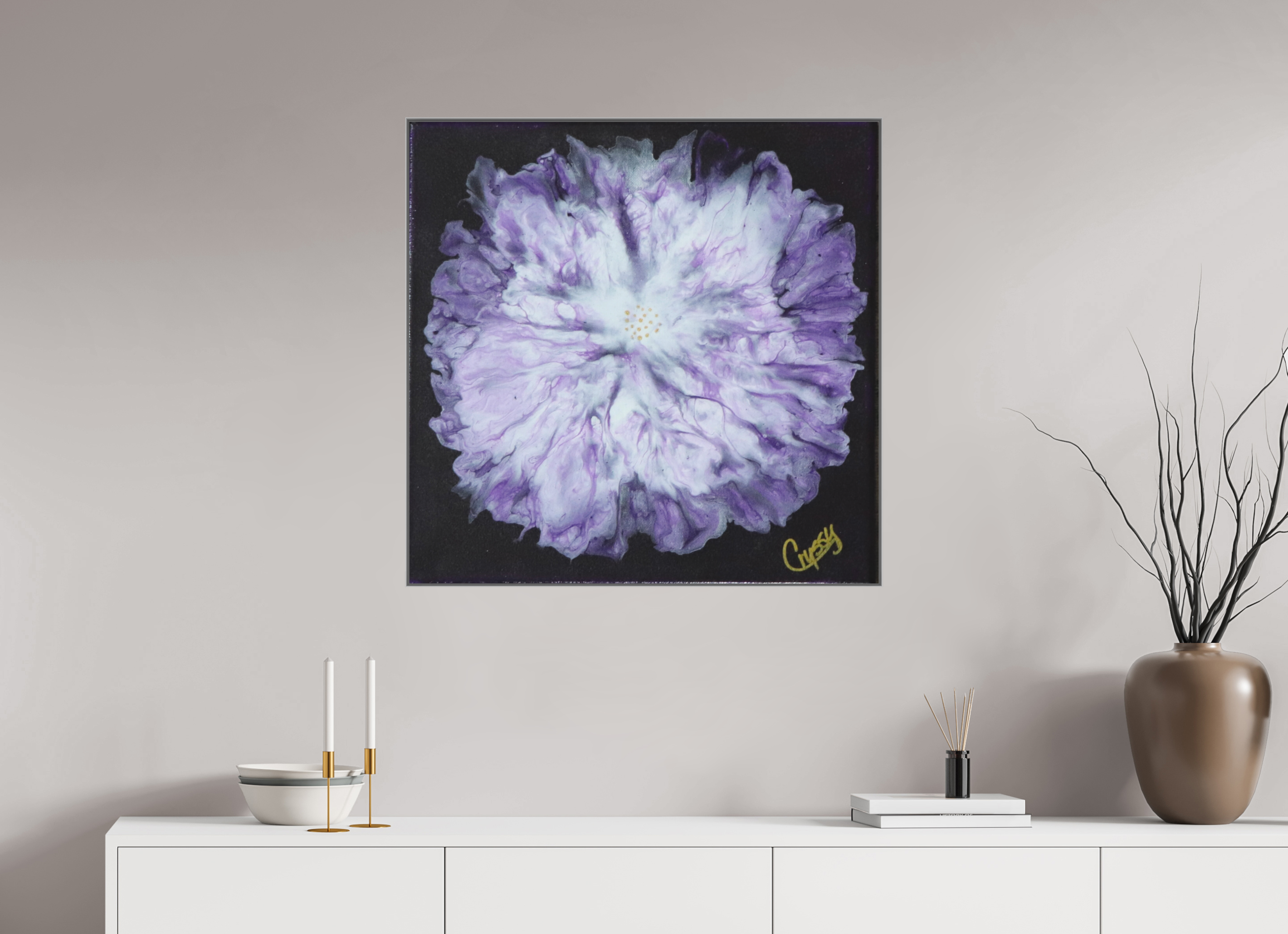 31.5 x 31″, *Aluminum Artbox 1" on fine art paper under acrylic matte glass Purple Paisley - Original Acrylic Dutch Pour Painting