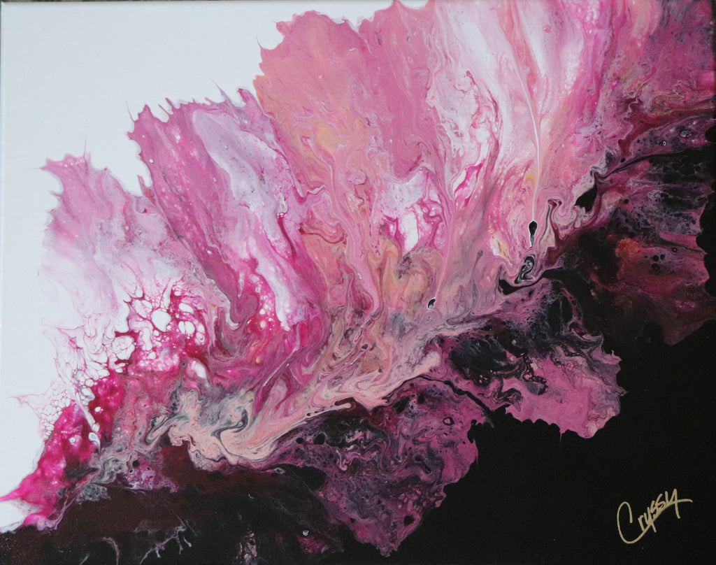 Pink Magma original Dutch pour acrylic painting by The Living Abstract, featuring vibrant swirls and fluid art textures.
