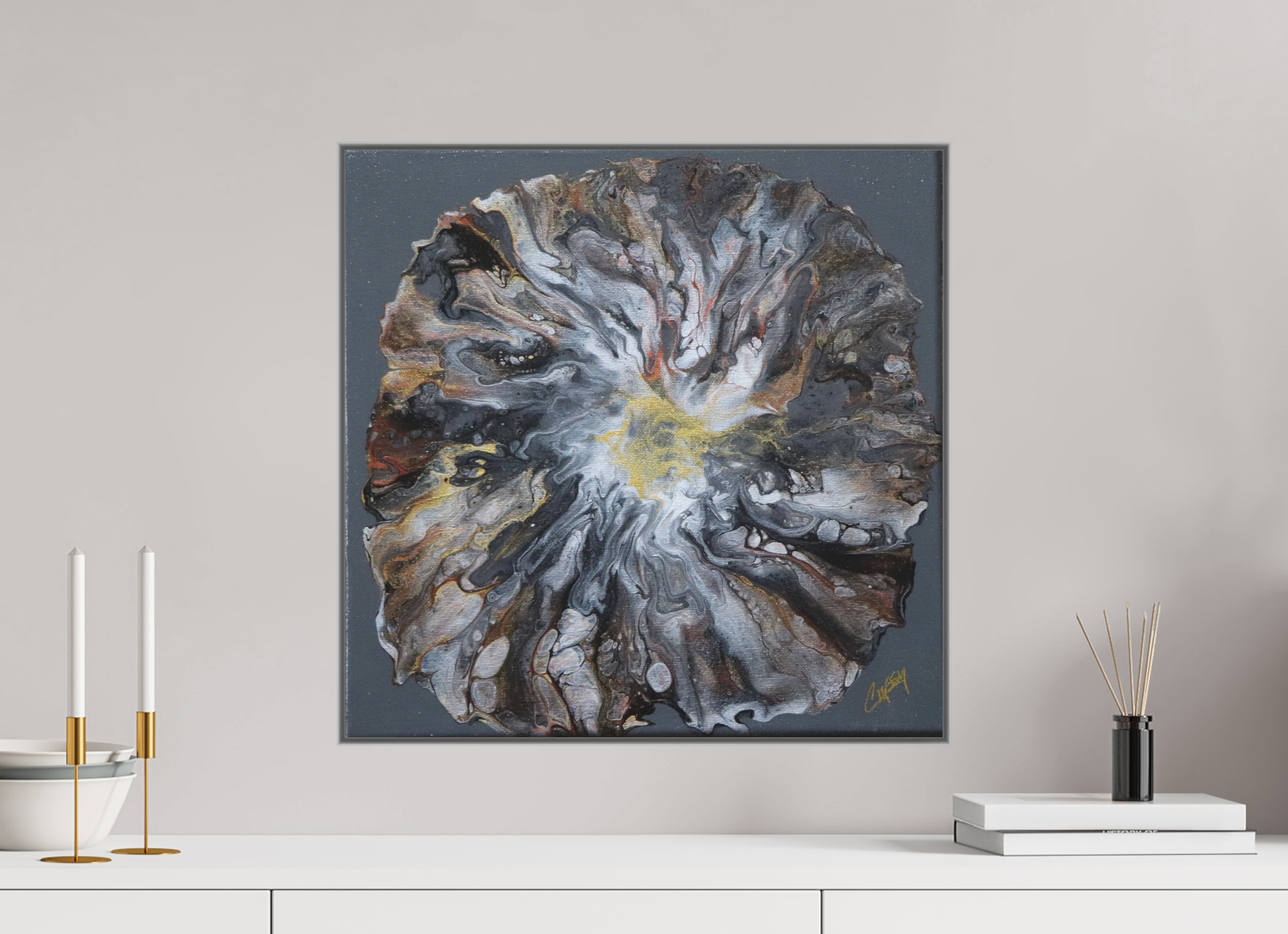 20.4 x 20″, *Aluminum Artbox 1" on fine art paper under acrylic matte glass Copper Bloom II