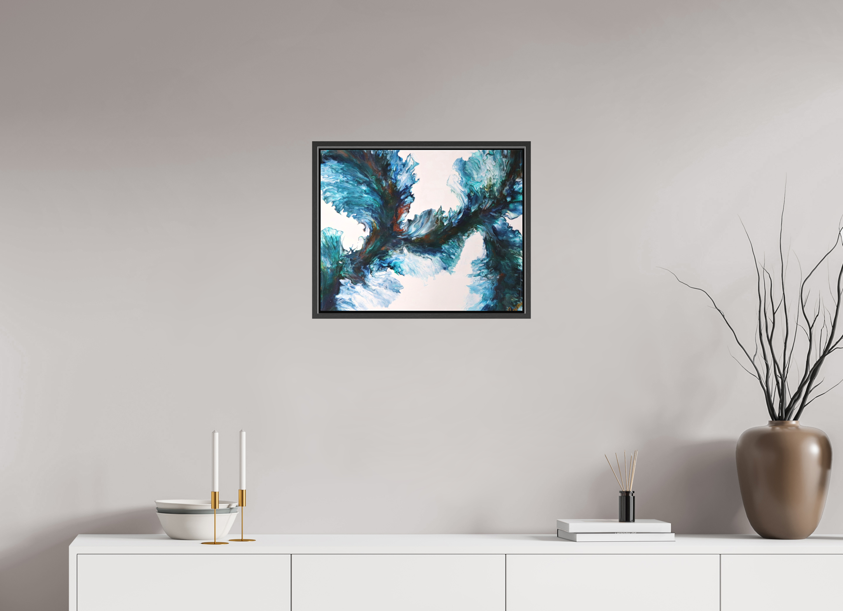 20.2 x 16″, *.7" Matte Canvas with Black Oak Frame River Blues - Original Dutch Pour Painting
