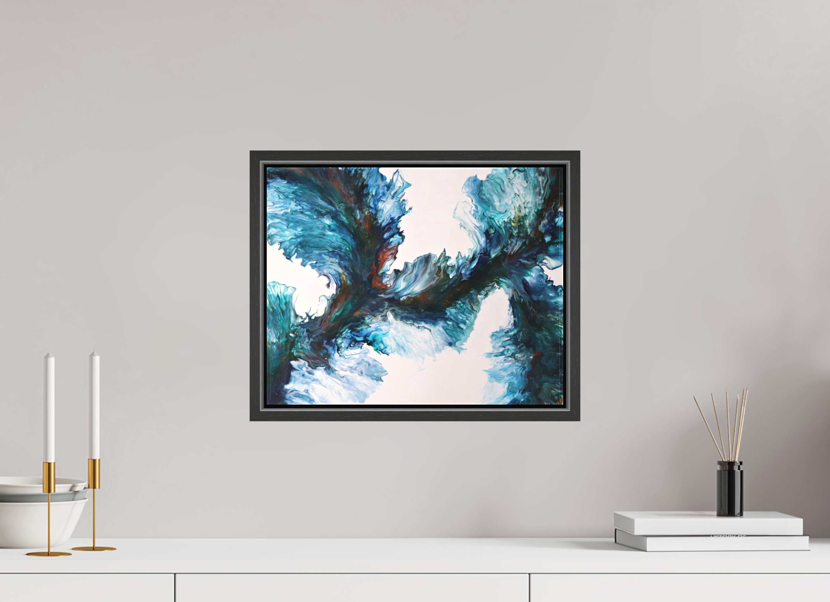 15.1 x 12″, *.7" Matte Canvas with Black Oak Frame River Blues - Original Dutch Pour Painting