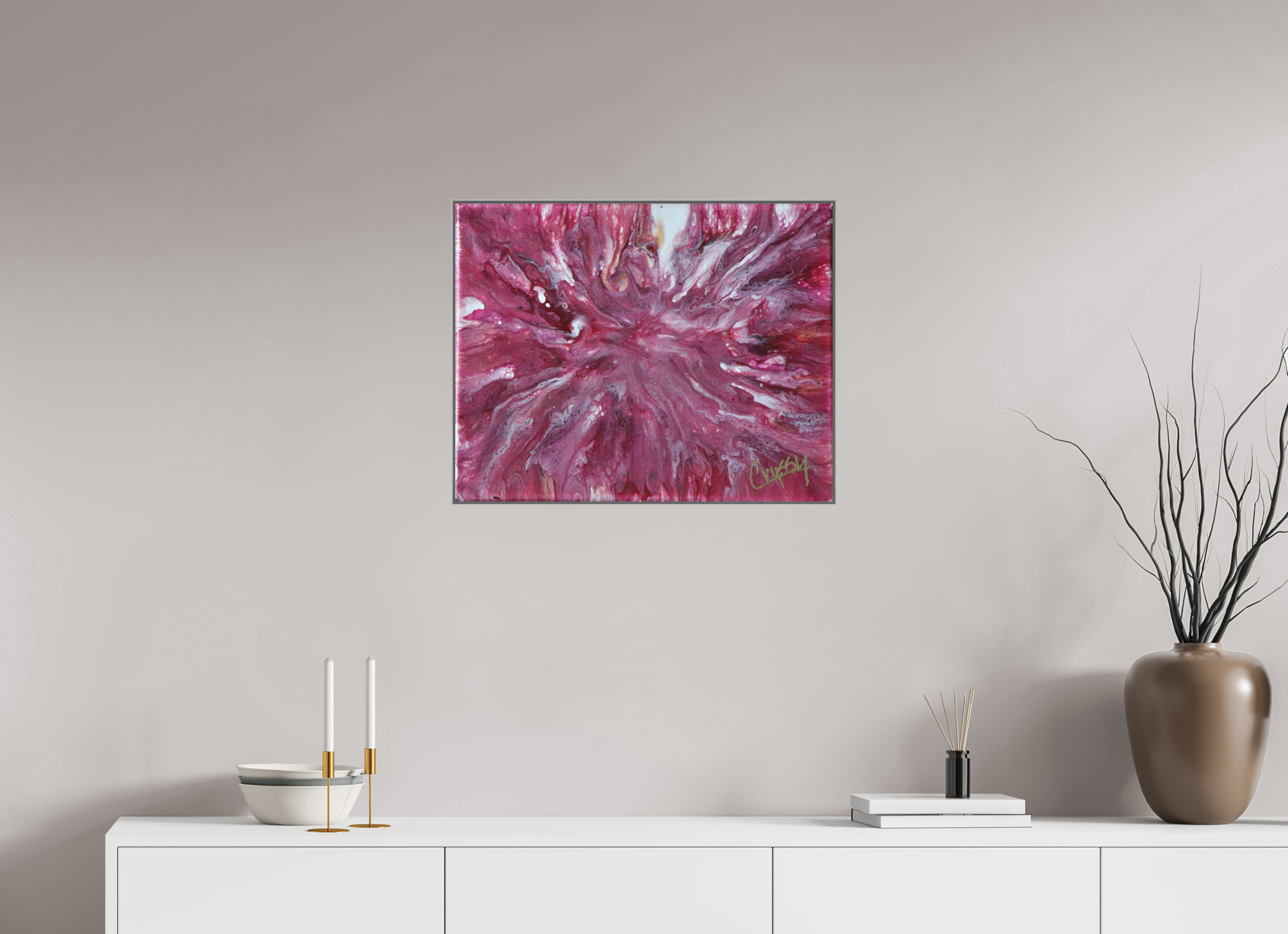 25.3 x 20″, *Aluminum Artbox 1" on fine art paper under acrylic matte glass Pink Explosion - Original Dutch Pour Acrylic Painting