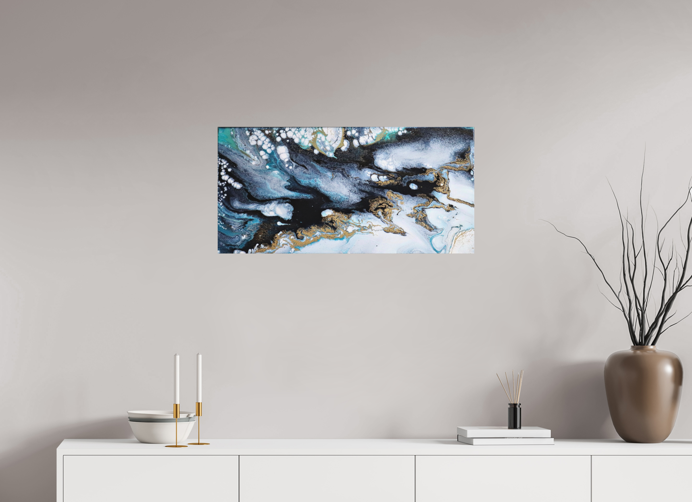 32.4 x 16″, *Photo Print on Fuji Silk Paper No Frame Ocean Blues - Original Acrylic Tip Pour